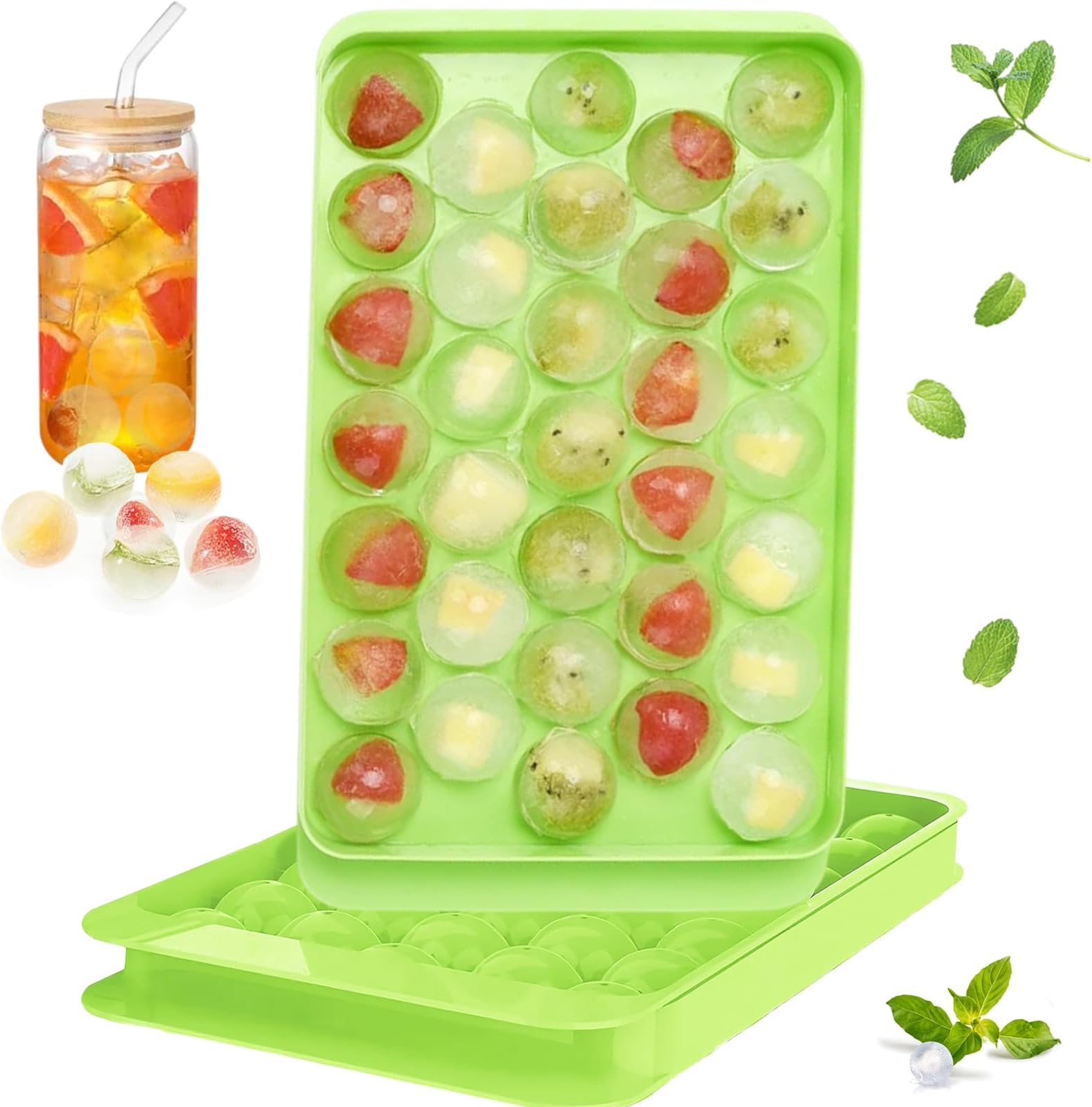 2 Pack Mini Ice Cube Tray, 66 Pieces Round Balls Ice Cubes, Ice Cube Container, BPA Free with Lid, Ice Cube Tray Mould, Round Ice Cube Tray Tray for Ice Cream, Cocktail, Whiskey, Coffee, and Tea