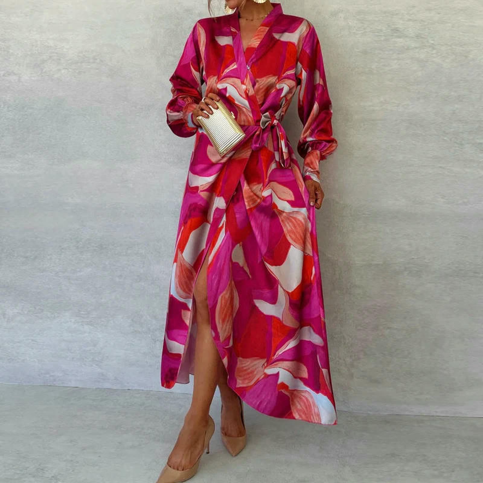 Vestiti a Maniche Lunghe Abito da Pizzo Stampato Donna, Elegante Diviso V, Ad Maxi Irregolare, Pendolarismo Elegante, Abbigliamento Donna Chic