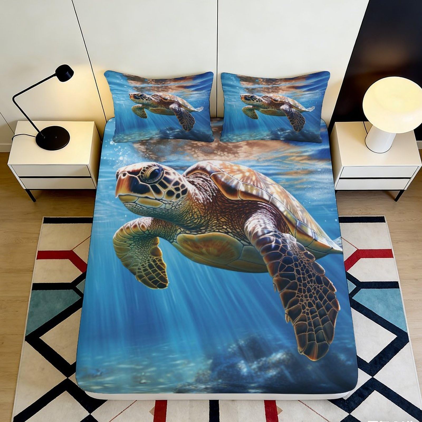 3D Printed Sea Turtle Fitted Sheet Microfiber Soft Ocean Underwater Bed Cover for Bedroom Guest Room Decor 90x200x25cm