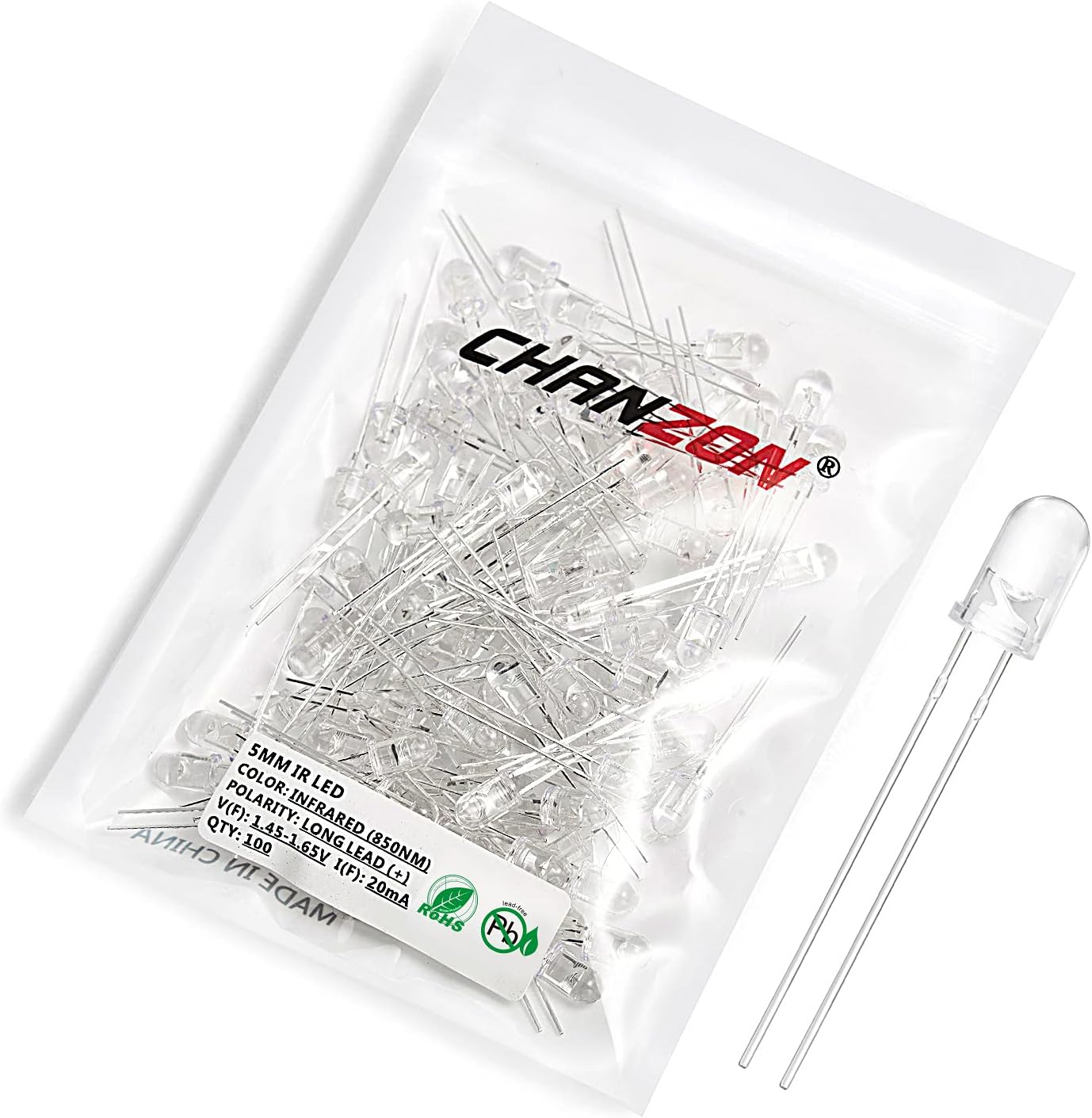 Chanzon 100 pcs 5mm 850nm IR Emitter LED Diode Lights Night Vision Camera (Clear Round Infrared 850 nm DC 1.5V 30mA 100mW) Lighting Bulb Lamps Electronics Components Light Emitting Diodes