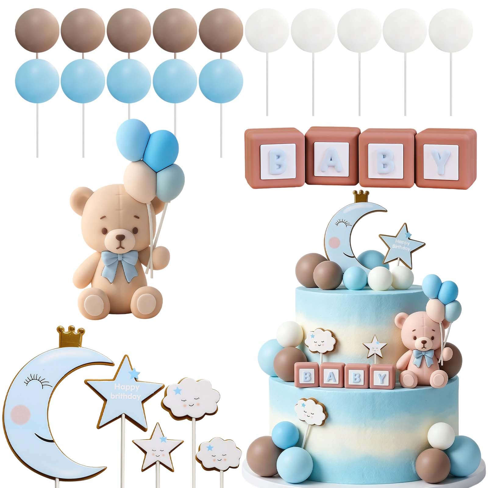 Blue Bear Cake Decoration-26PCS Teddy Bear Cake Topper Blue White Balls Cake Topper Baby Shower Birthday Cake Decorations