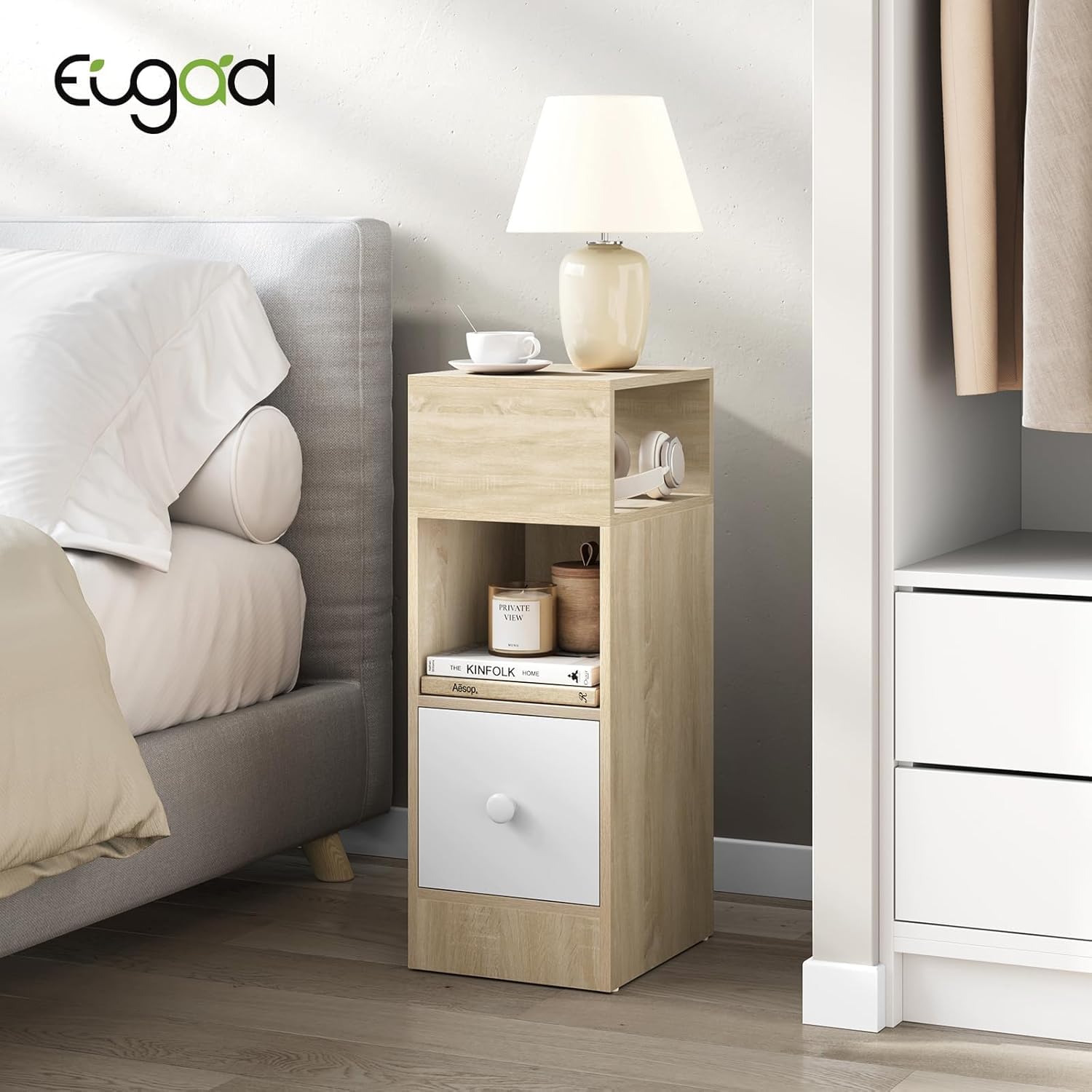 EUGAD Set di 2 Comodino Stretto, Comodino con 2 Scomparti a Giorno e Cassetto, Tavolino da Notte 25x30x66cm, Mobile Salvaspazio per Camera da Letto, Soggiorno, in Truciolato, Rovere, 0192ZZ-2