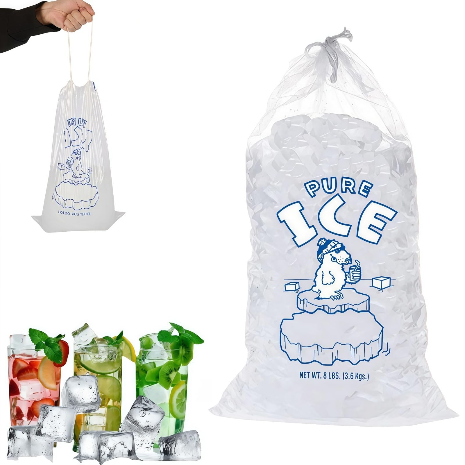 10 sacchetti per il ghiaccio con coulisse, sacchetti per cubetti di ghiaccio con coulisse, riutilizzabili, robusti, per congelatore e macchina per il ghiaccio, resistenti fino a 3,6 kg, per campeggio