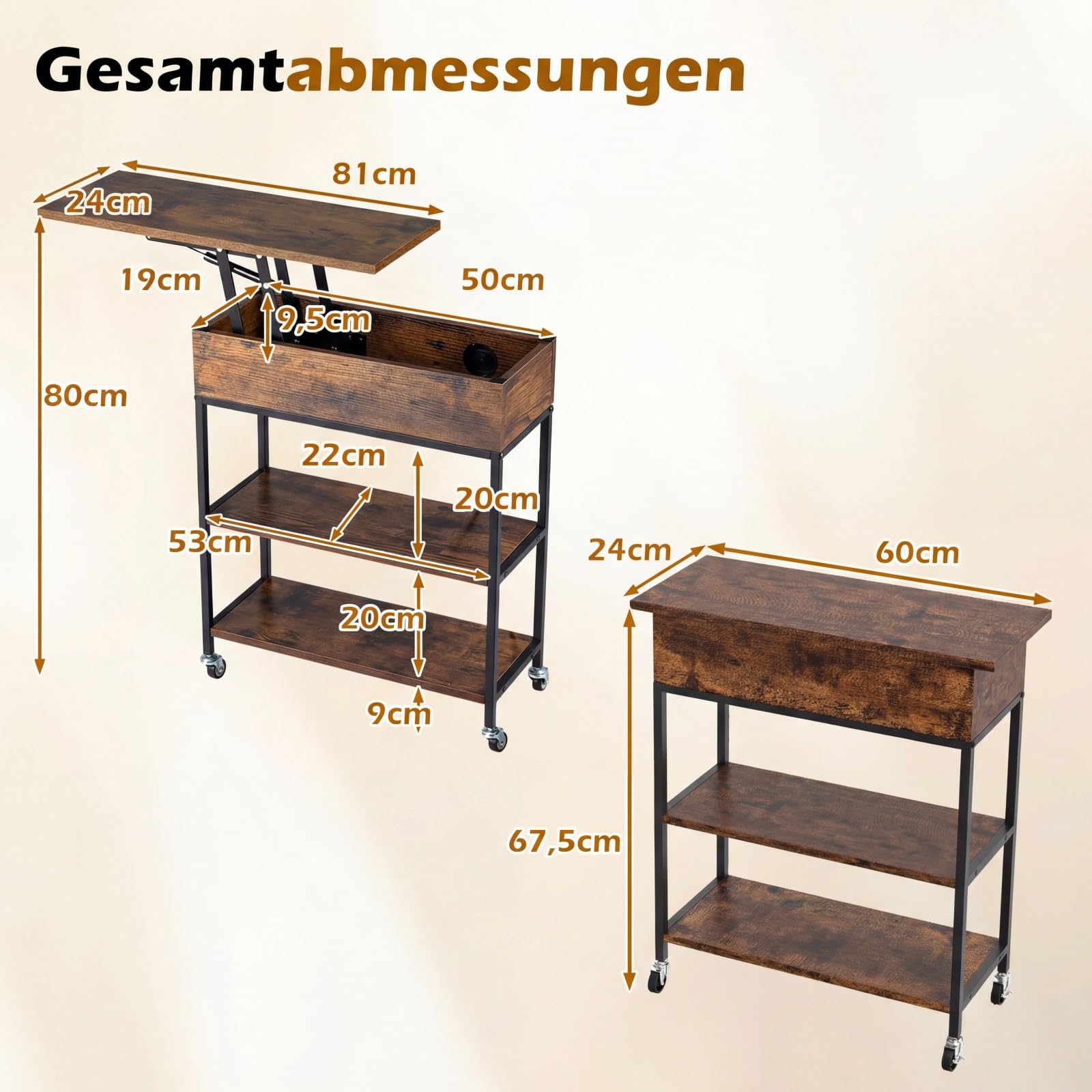 COSTWAY Beistelltisch mit Hebeplatte & Ladestation, rollbarer Couchtisch mit verstecktem Stauraum & offenen Regalen, Sofatisch schmal für Wohnzimmer & Schlafzimmer