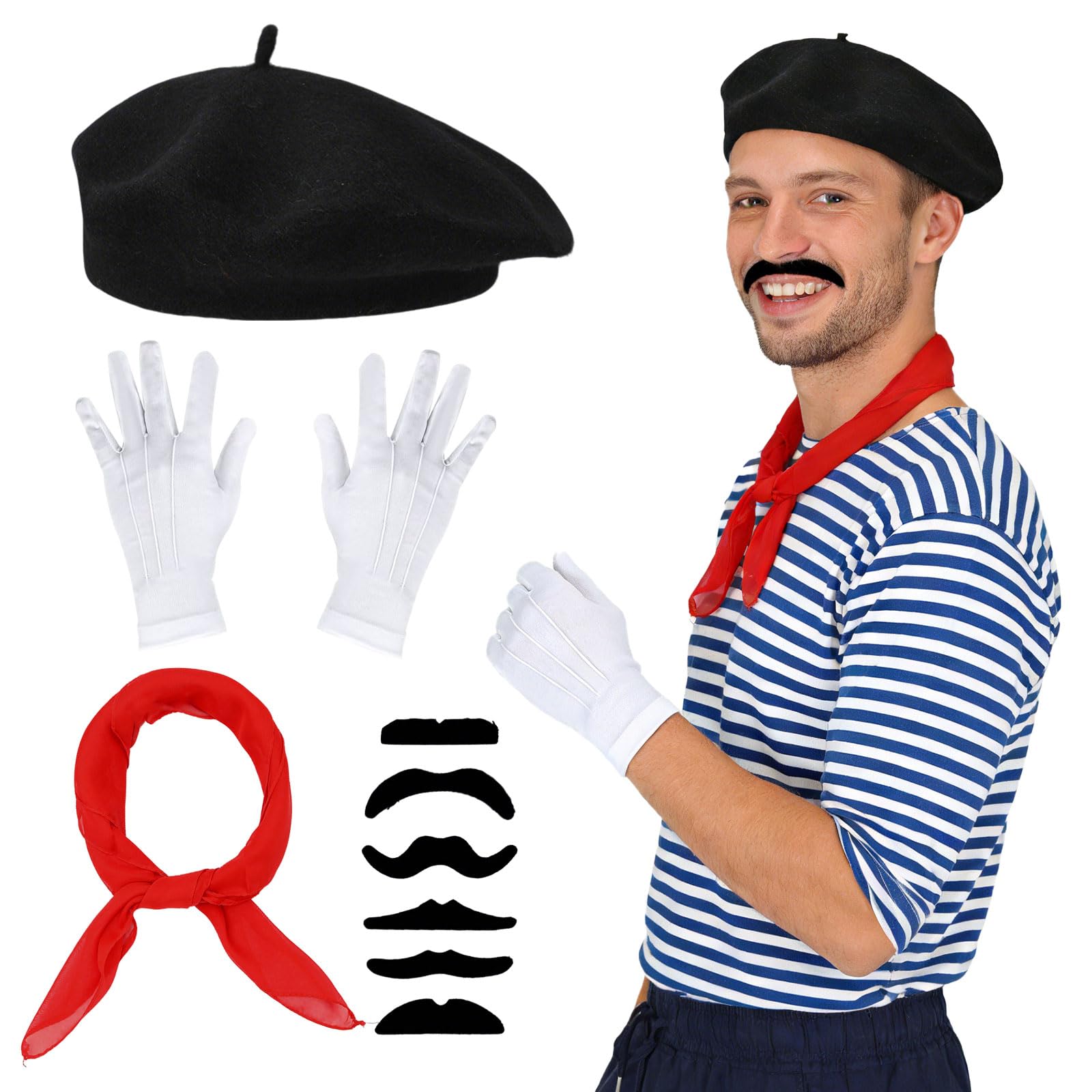 GYIOFAI 9 Pieces French Men's Set French Adult Unisex Fancy Dress Costume Accessories Set,Fancy Dress Costume Outfit Artist Mime Kit For Cosplay & Party Supplies (Black)