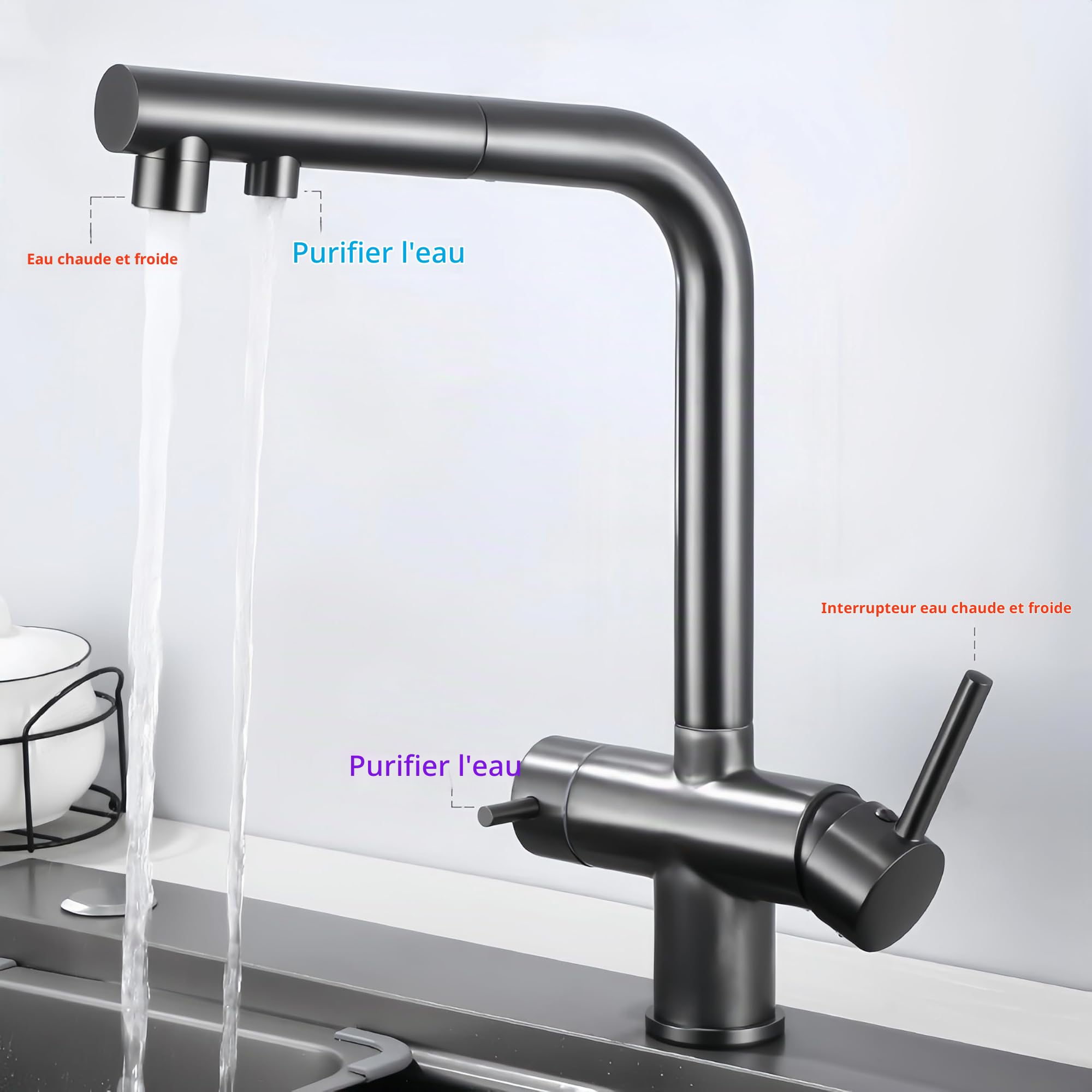 Robinet Cuisine 3 Voies Avec Douchette Extractible, Mitigeur 3 Voies Cuisine Pivotant à 360°, Robinetterie Cuisine Eau Potable, Robinet Évier De Cuisine Avec Sortie Eau Filtrée (gris)