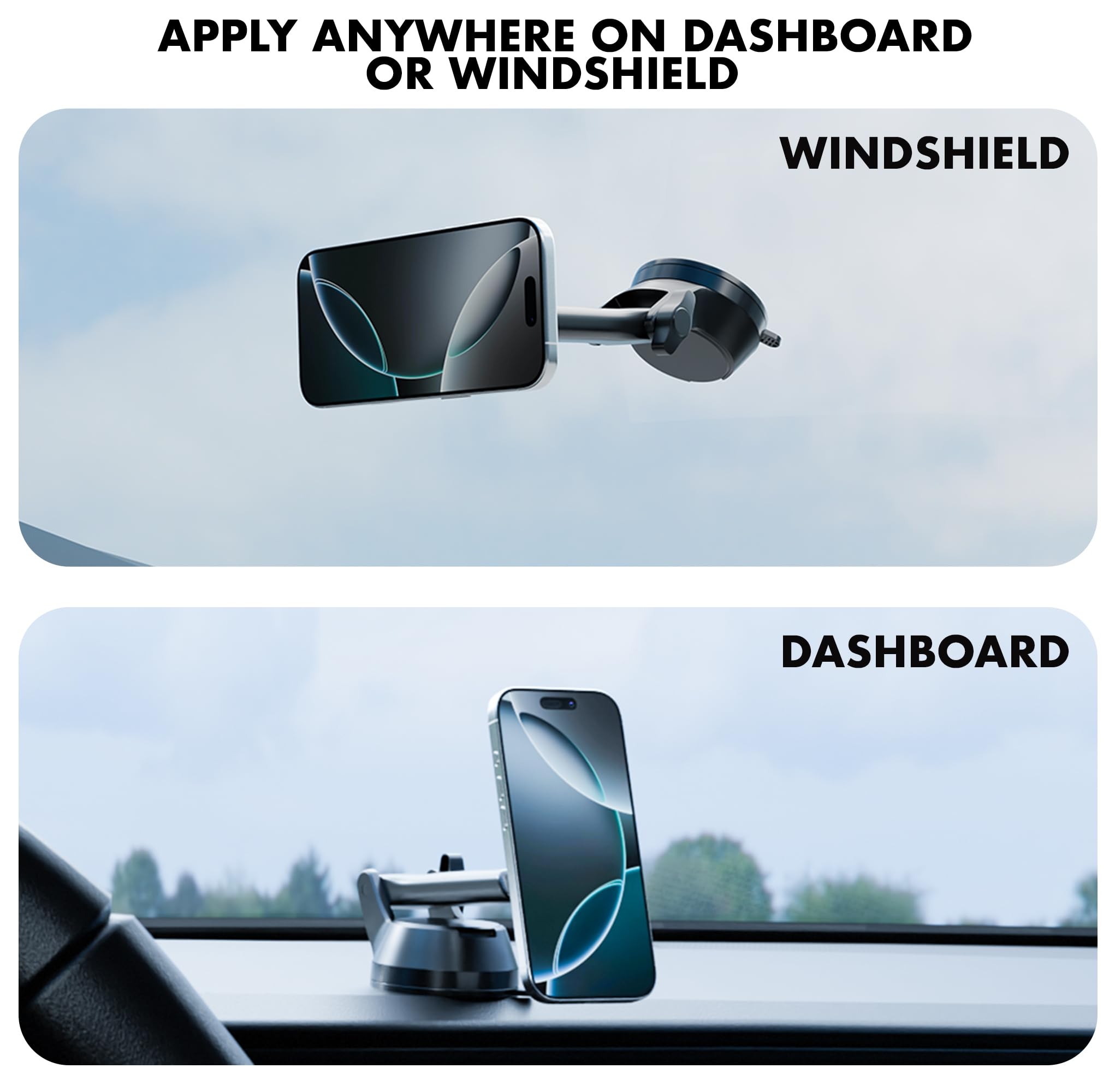 Capes Maglock Support de téléphone magnétique pour tableau de bord et pare-brise compatible avec le support de voiture MagSafe, pour iPhone 16/15/14/13/12 avec support réglable, aimants puissants et
