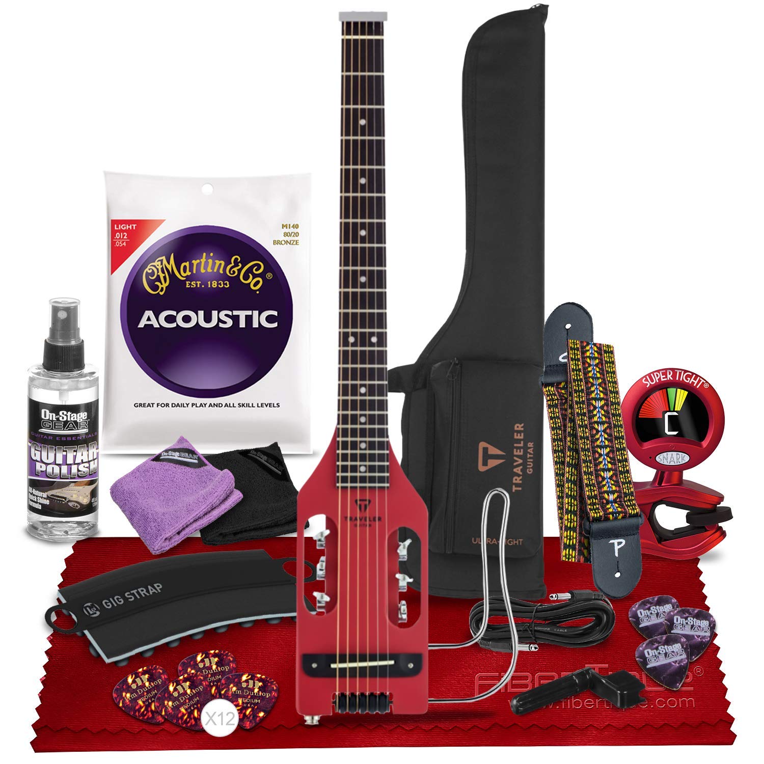 Traveler 6-String Acoustic-Electric Guitar - Right-Handed - Vintage Red (ULA VRDM) + Clip-On 360° Tu