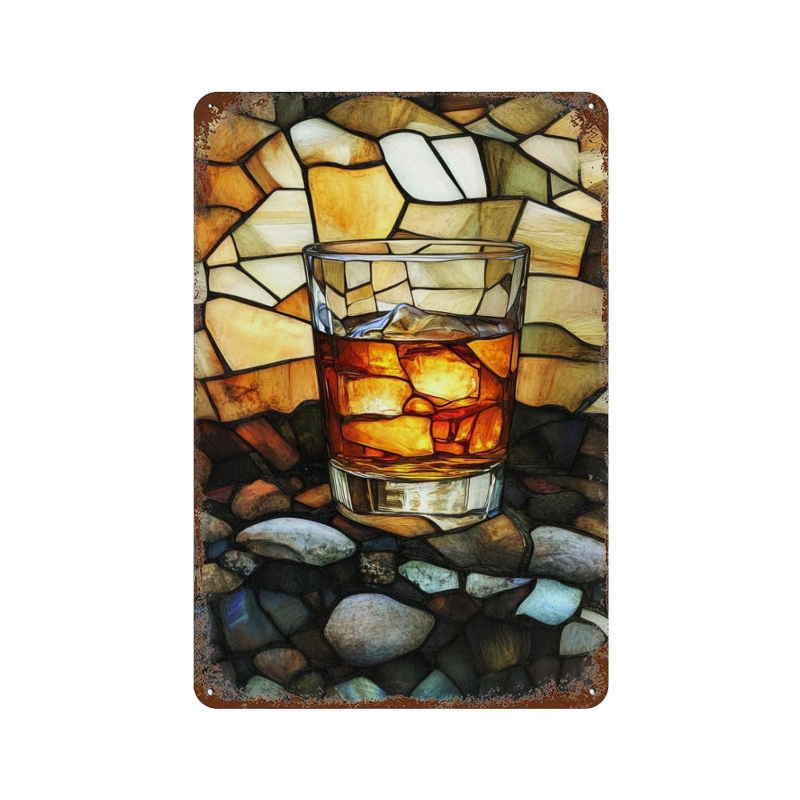Retro Metal Sign Whiskey Glass with Ice Stones Background 11.8"x7.9", Decorative Metal Wall Art for Pub, Kitchen And Man Cave Decor