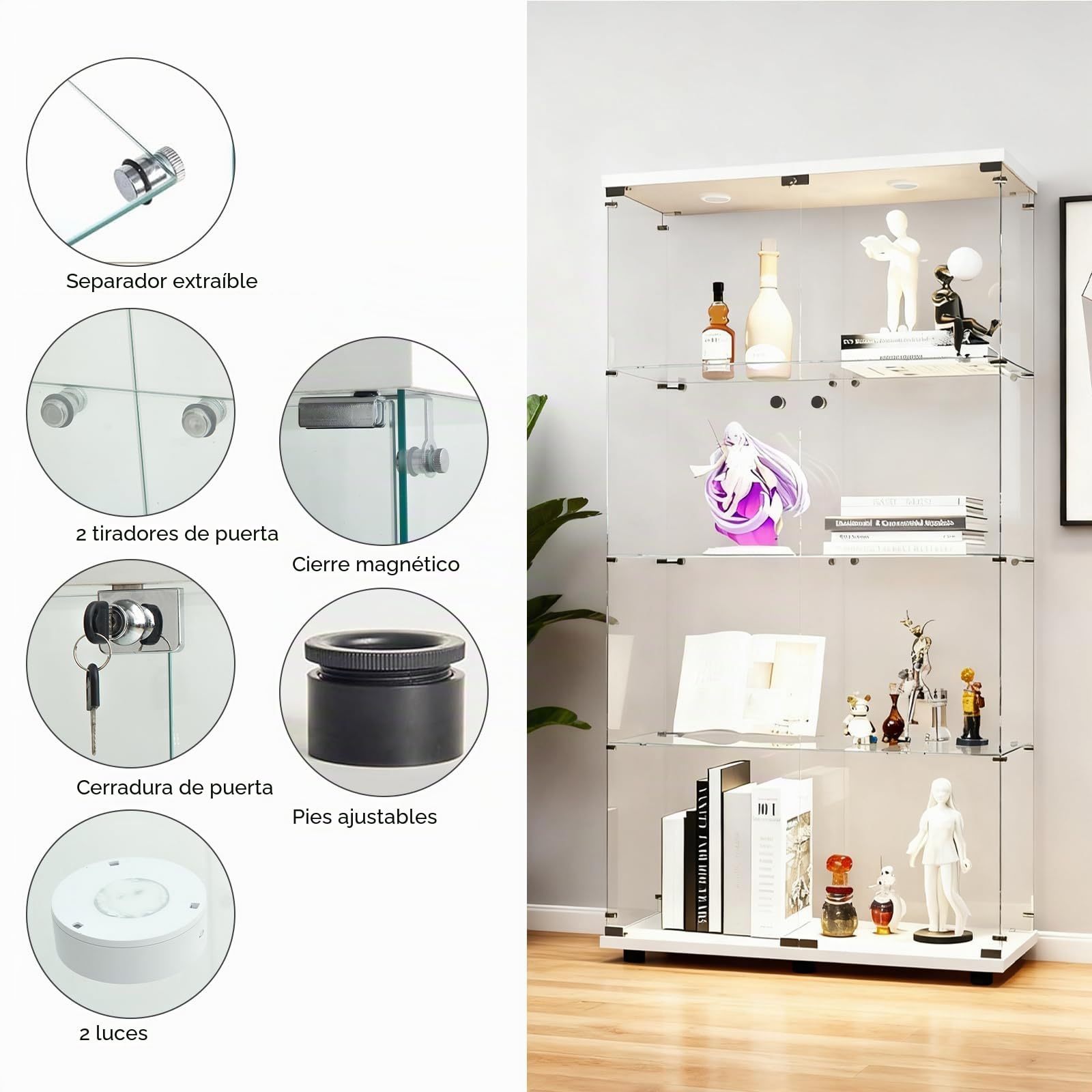 Vitrina de cristal con iluminación LED, vitrina de 4 pisos con puertas dobles, vitrina de colección, cerradura para salón, oficina, comedor y dormitorio, vitrina de cristal (blanco)