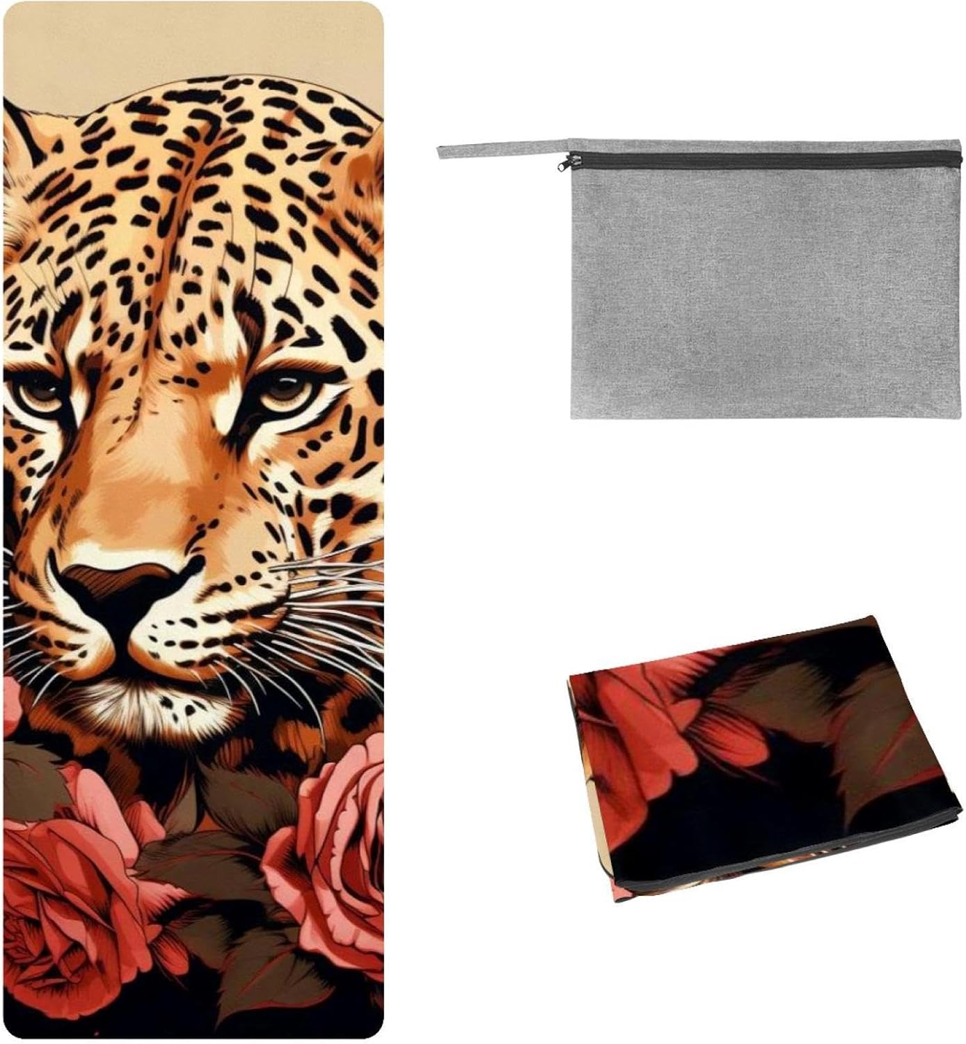 Yoga Towel, Leopard Rose Flower Non Slip Sweat Absorbent Hot Yoga Mat Towel for Hot Yoga, Pilates and Fitness - 72.8" x 26.8"