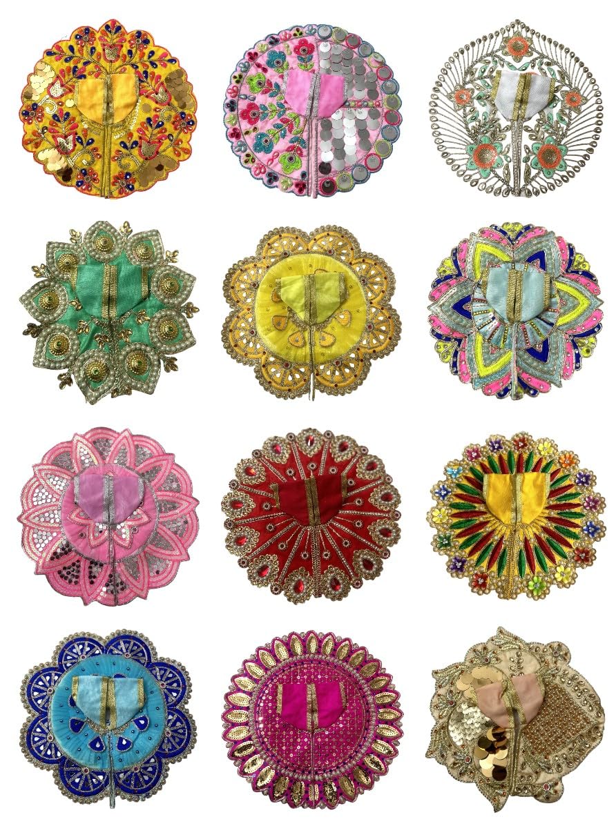 GN Store's Premium Embroidery Dress for Laddu Gopal Ji (Pack of 12) with 4 Zari Mukut, 4 Stone Mala, 4 Pair Kangan, 4 Flute (Mix Design) | A12D (Pack of 12 Dresses, 3 No Size)