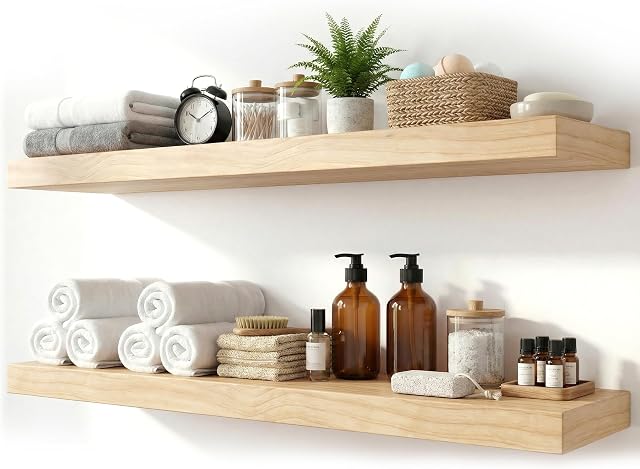 2 Pc Étagères flottantes en bois de pin naturel mur monté; Tablette Flottante Murale; étagères murales pour salon, salle de bains, cuisine et bibliothèque de chambre (naturel, 24)