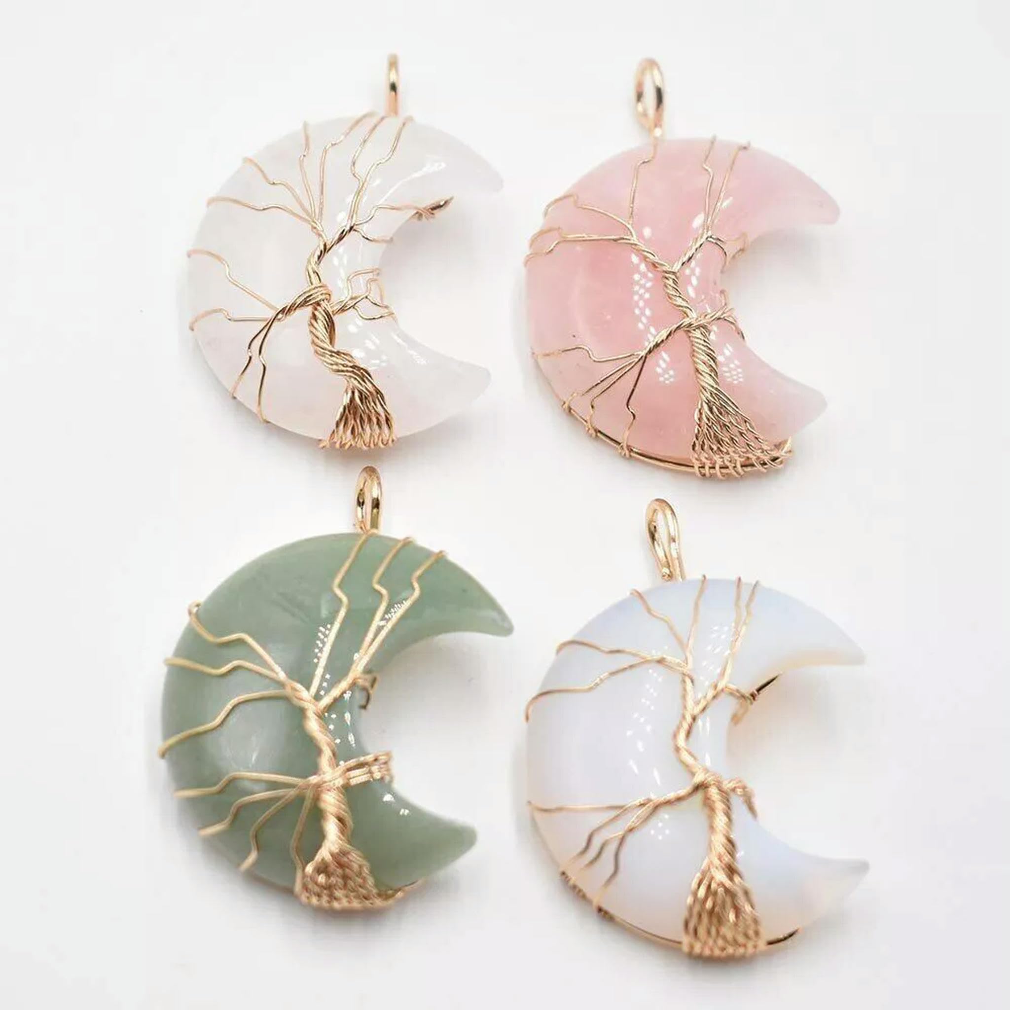 Pendentif en cristal de pierre naturelle Arbre de Vie lune - Lot 4 pièces pour création bijoux