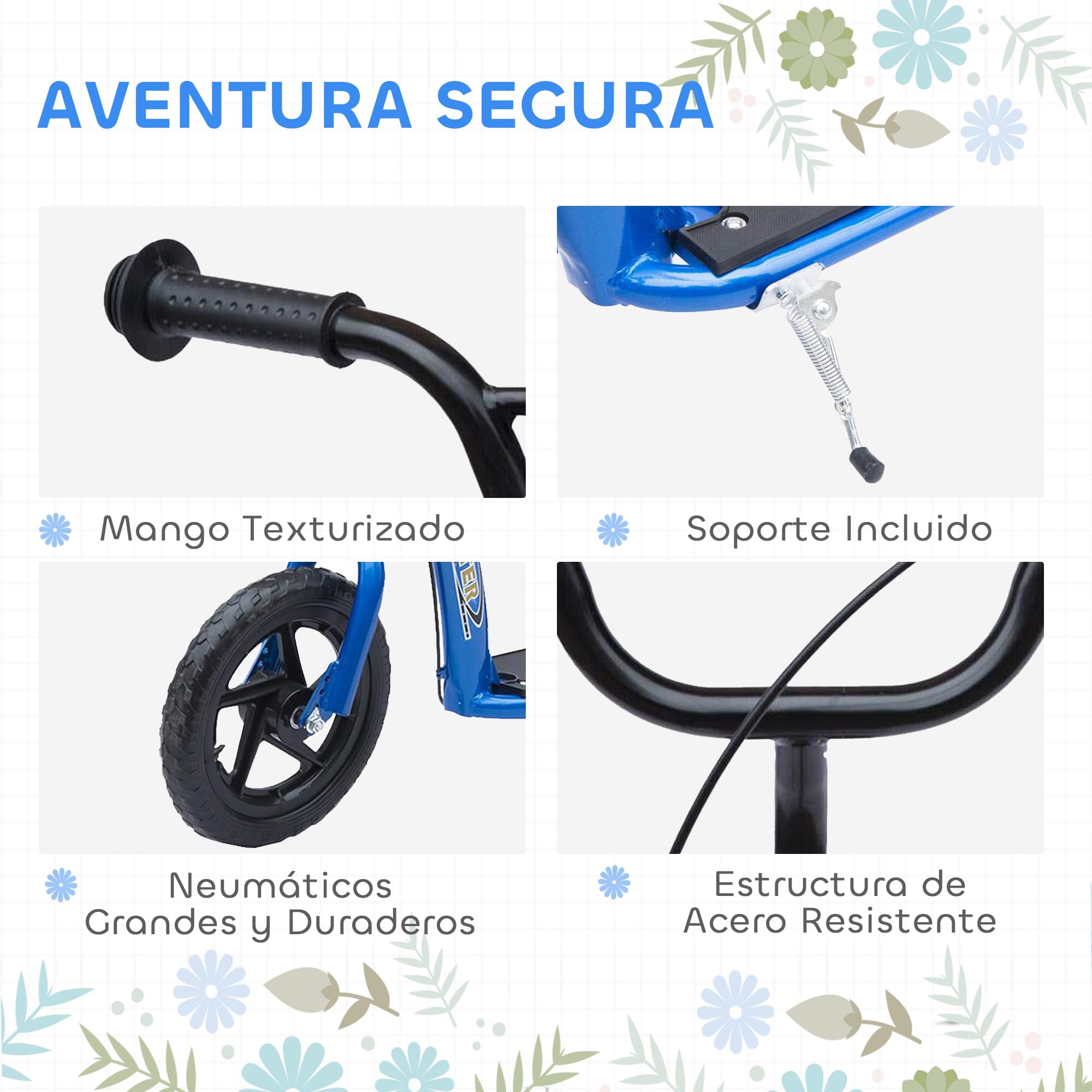 HOMCOM Patinete Scooter 2 Ruedas 12 Pulgadas Monopatín para Niños y Adultos Manillar Ajustable con Freno y Caballete Carga 100kg 120x52x80-88cm Acero