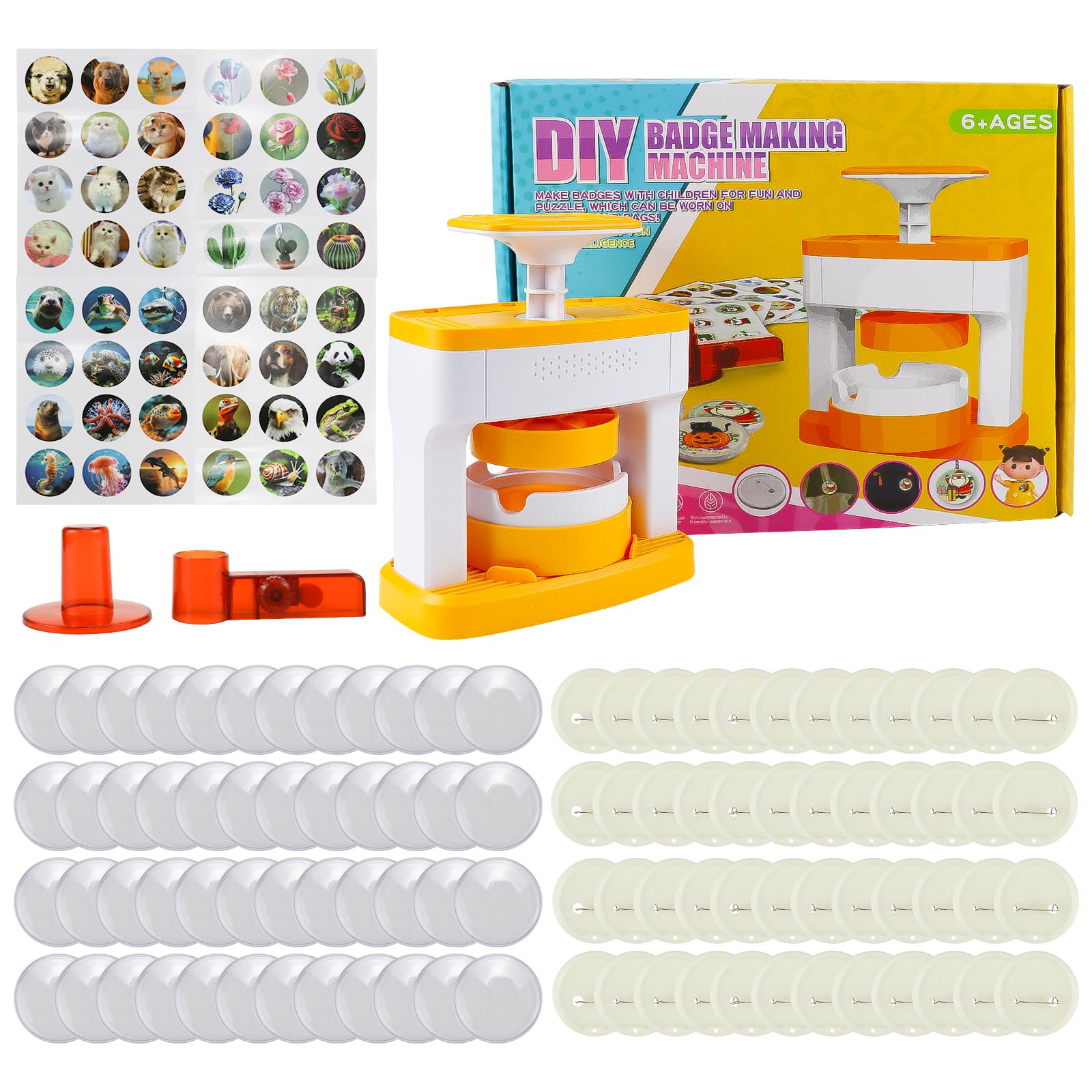 Badge Making Kit for Kids, 55mm Pin Maker Machine, Badge Making Kit with 48 Pcs Button Parts, Cute Stickers, Circle Cutter, Badges Make Your Own, DIY Round Pin Maker Kit for Kids