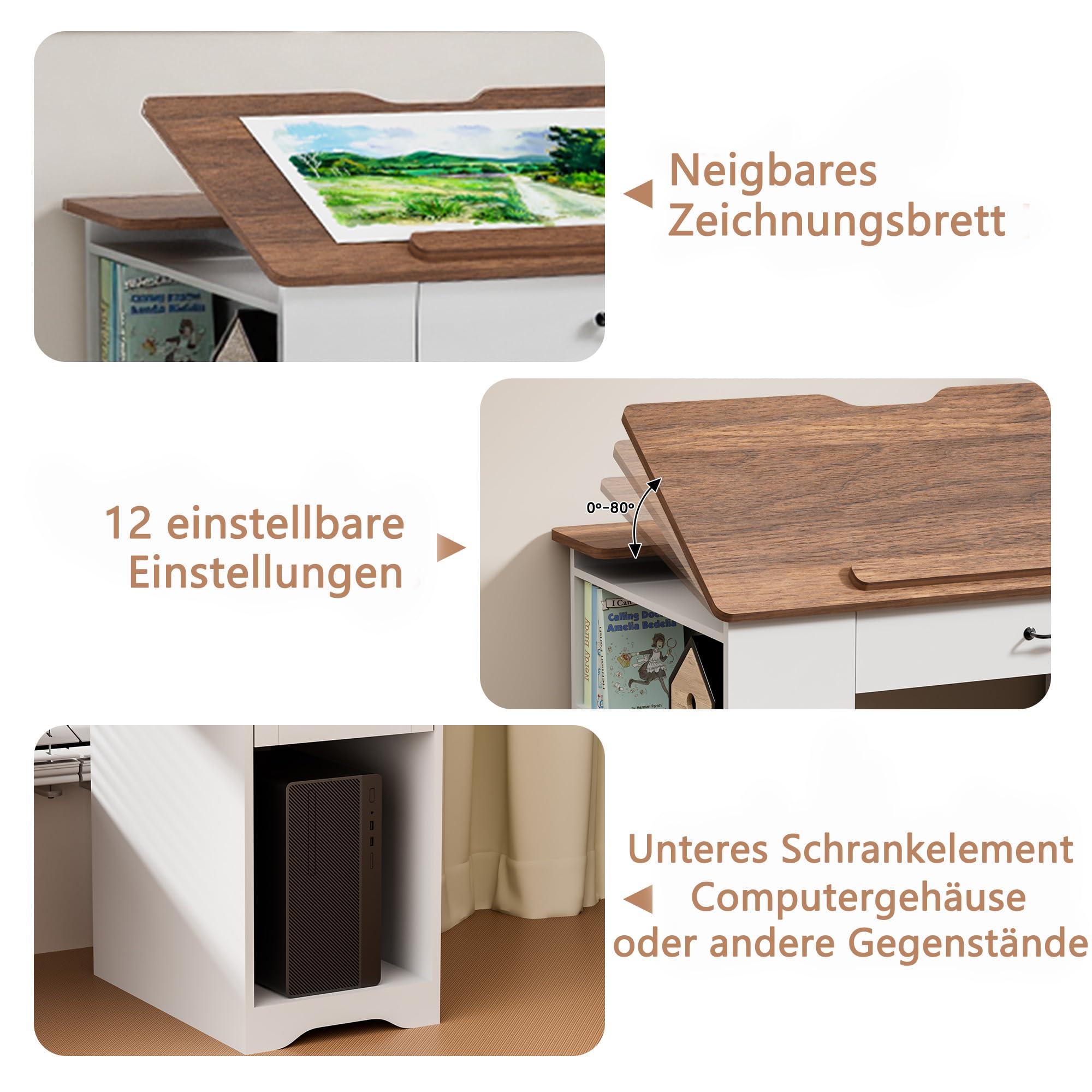 Zeichentisch mit Aufbewahrungsschrank und Schubladen, Verstellbarer Zeichentisch mit offenen Regalen, Kunst- und Handwerkstisch für Künstler, Maler