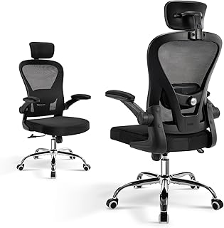 Ergonomic Office Desk Chair, Computer Mesh Home Task Chair, Swivel Rolling Chair with Flip-up Arms, 4-Way Adjustable Lumbar Support and Headrest (Black)