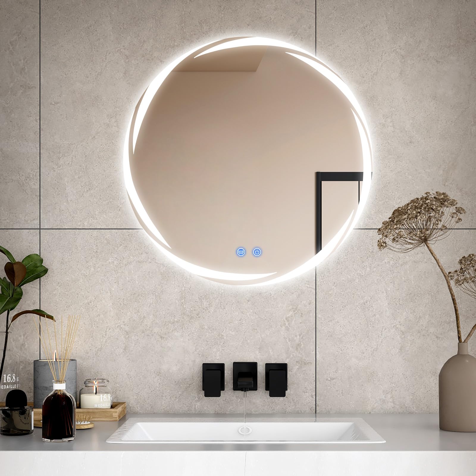 CROWNSHOP Bathroom Mirror with LED Lights, 70x50cm LED Illuminated Mirror with Anti-Fog, 3 Colour Dimmable Lights, Touch Control & Memory Function | IP54 Rated, Horizontal/Vertical Mount