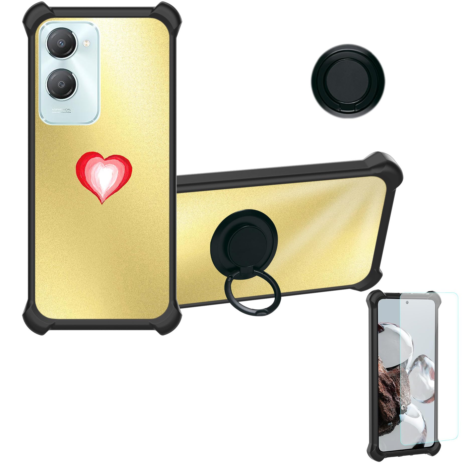 Case Compatible for iQOO Z9 Lite 5G Phone Case Cover [with Tempered Glass Screen Protector][Hard PC + Soft Silicone][Ring Support] [Golden Reflect Light] DJH-AX