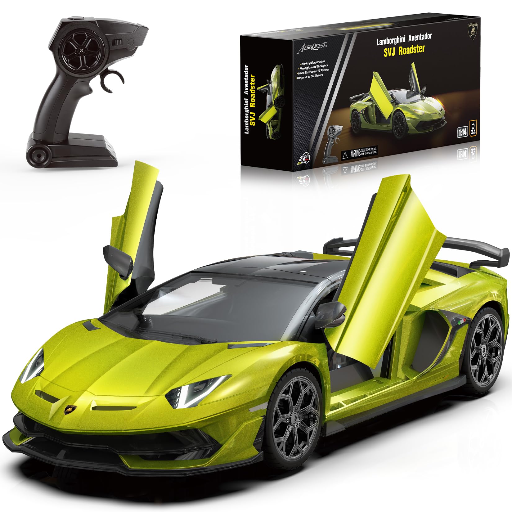 AEROQUEST 1:14 Lamborghini, auto telecomandata, 2,4 GHz, con licenza ufficiale Lamborghini RC auto con telecomando e faro per ragazzi e ragazze, regalo di compleanno, verde