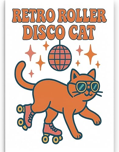 Funky Disco Cat Poster - 70s Roller Skate Retro Wall Art - Gloss Paper Finish - Colorful Decor for Home or Studio