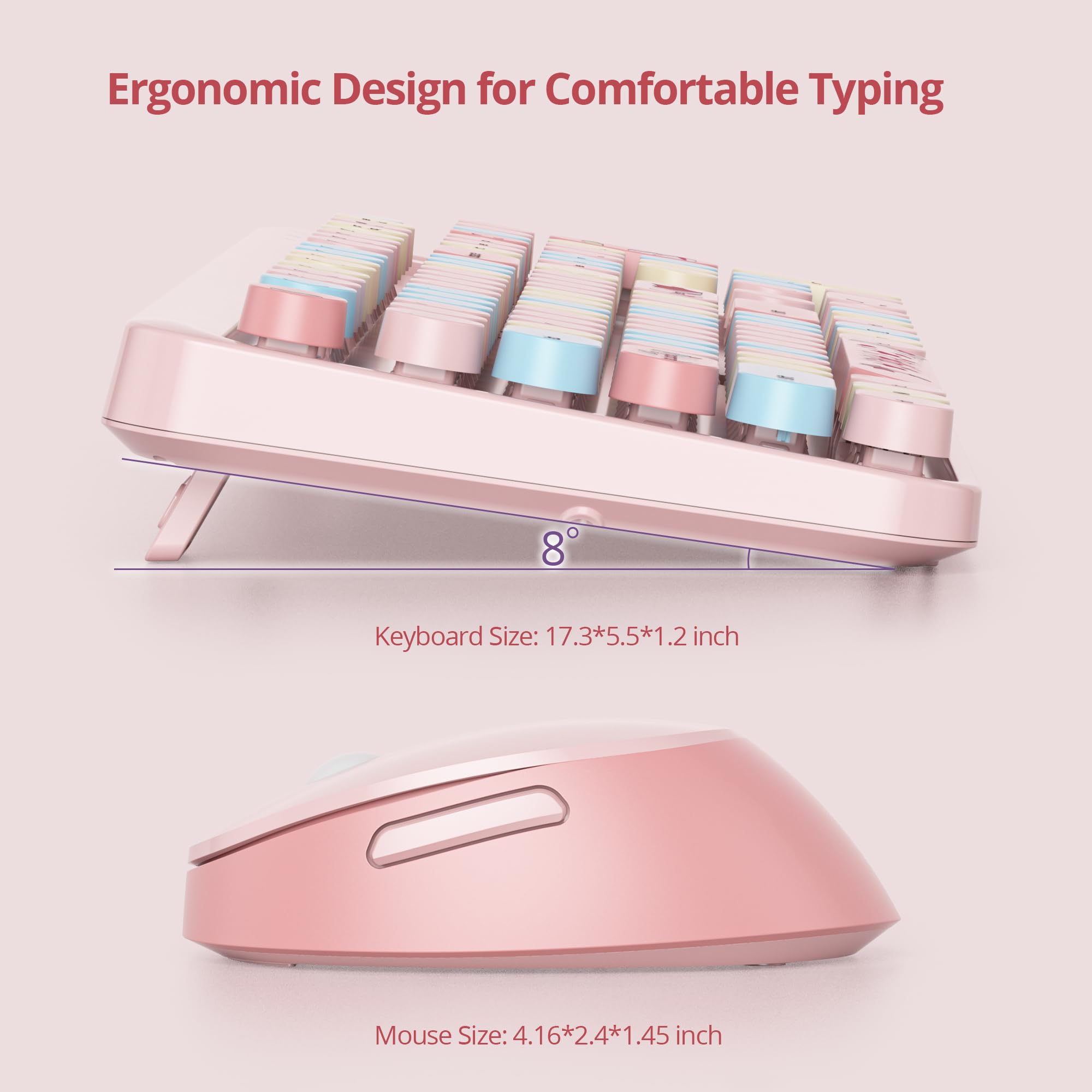 SOLIDEE Combo Tastiera e Mouse Wireless,tastiera macchina da scrivere retro,Tastiera per Computer con Tasti Rotondi 2.4GHz con Tastierino Numerico,Tastiera a 104 Tasti(Americana QWERTY)(Mixed Pink)