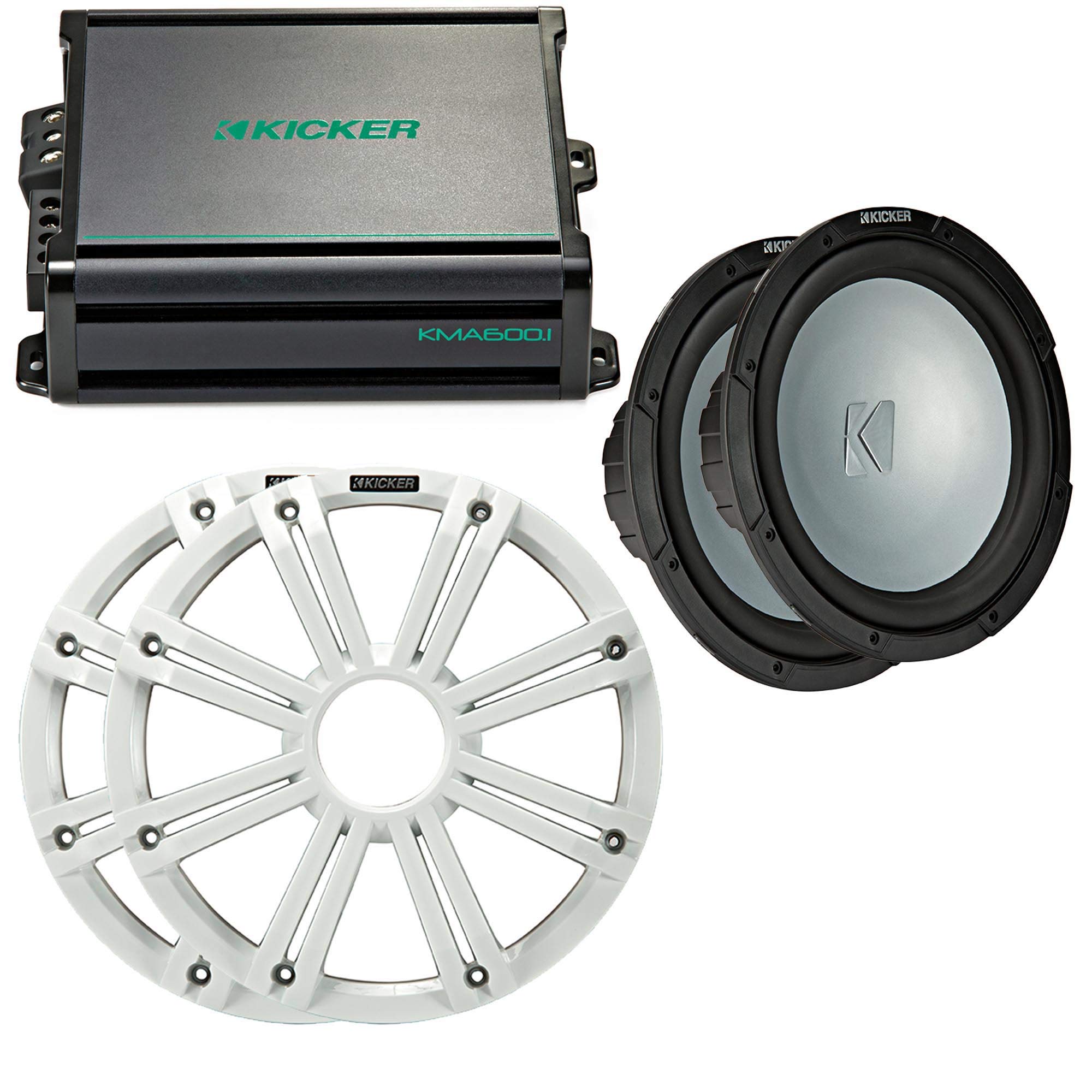 Kicker - Two 12 Inch LED Marine Subwoofers in White, 1 Pair with 600 Watt Amplifier Bundle