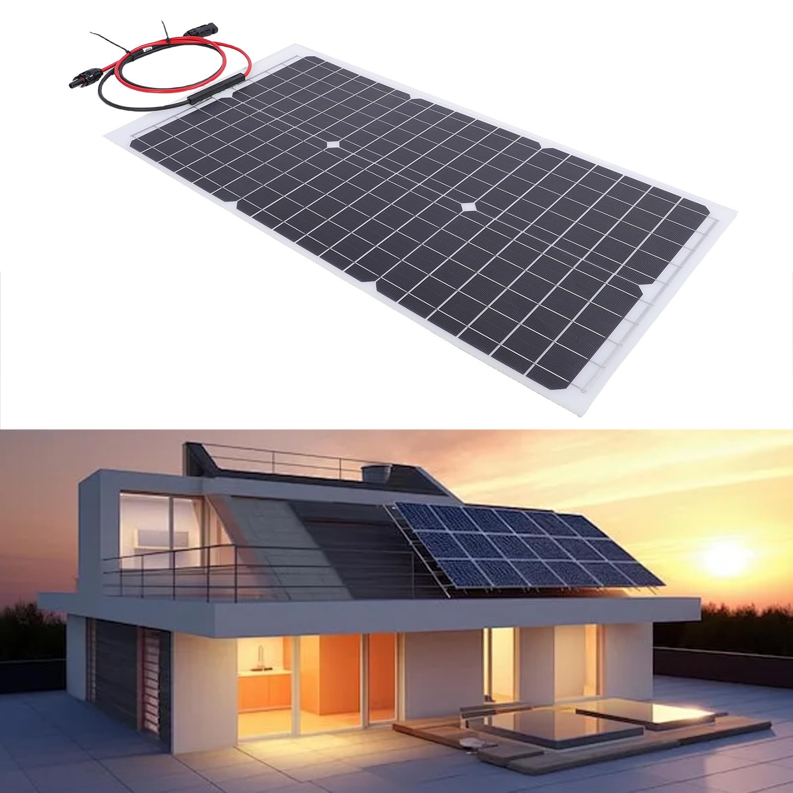 SIXRUN Pannello Solare, Pannello di Ricarica Solare in Silicio Monocristallino 30W 18V Uscita Design Semi Flessibile per Uso Domestico Esterno, Installazione Facile, 33 X 66 Cm per Capannone da