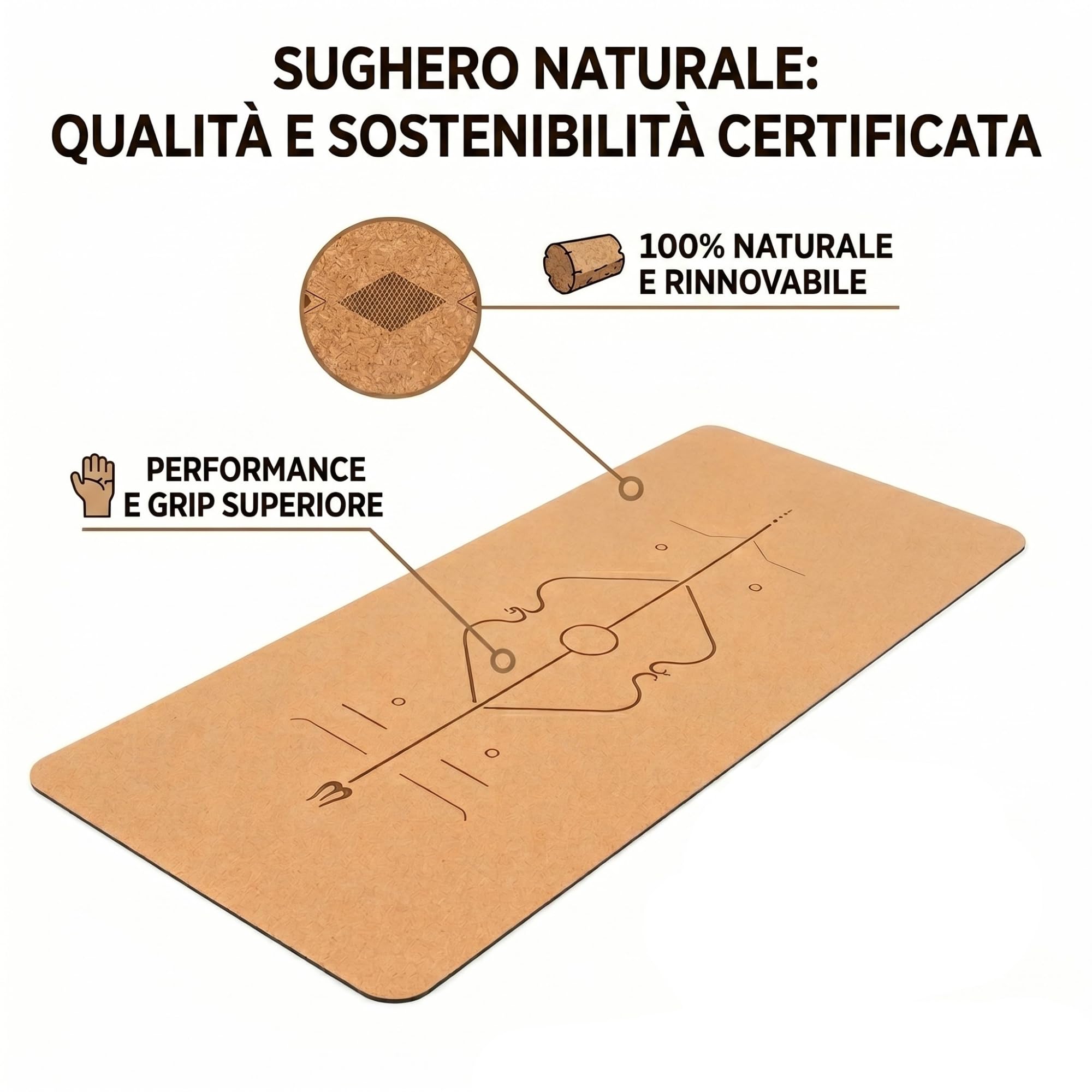 Materassino Yoga in Sughero Naturale 183x68 cm FD Sport | Tappetino Antiscivolo Grande per Yoga, Pilates e Fitness | Durevole, Eco-Friendly con Laccio da Trasporto