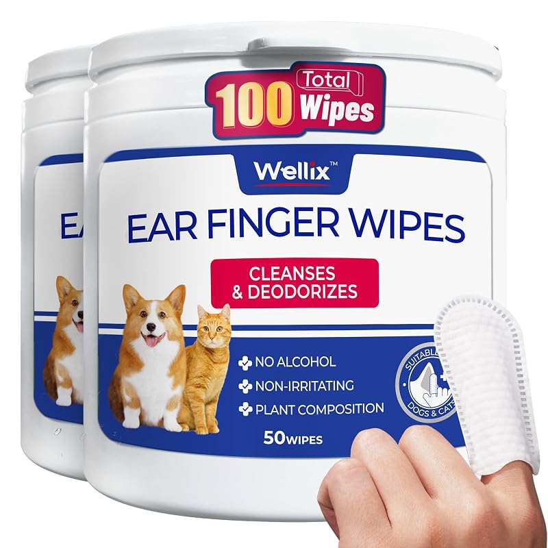 Lenços Umedecidos para Limpeza de Ouvidos de Cães e Gatos Wellix com Encaixe para o Dedo, 100 Unidades