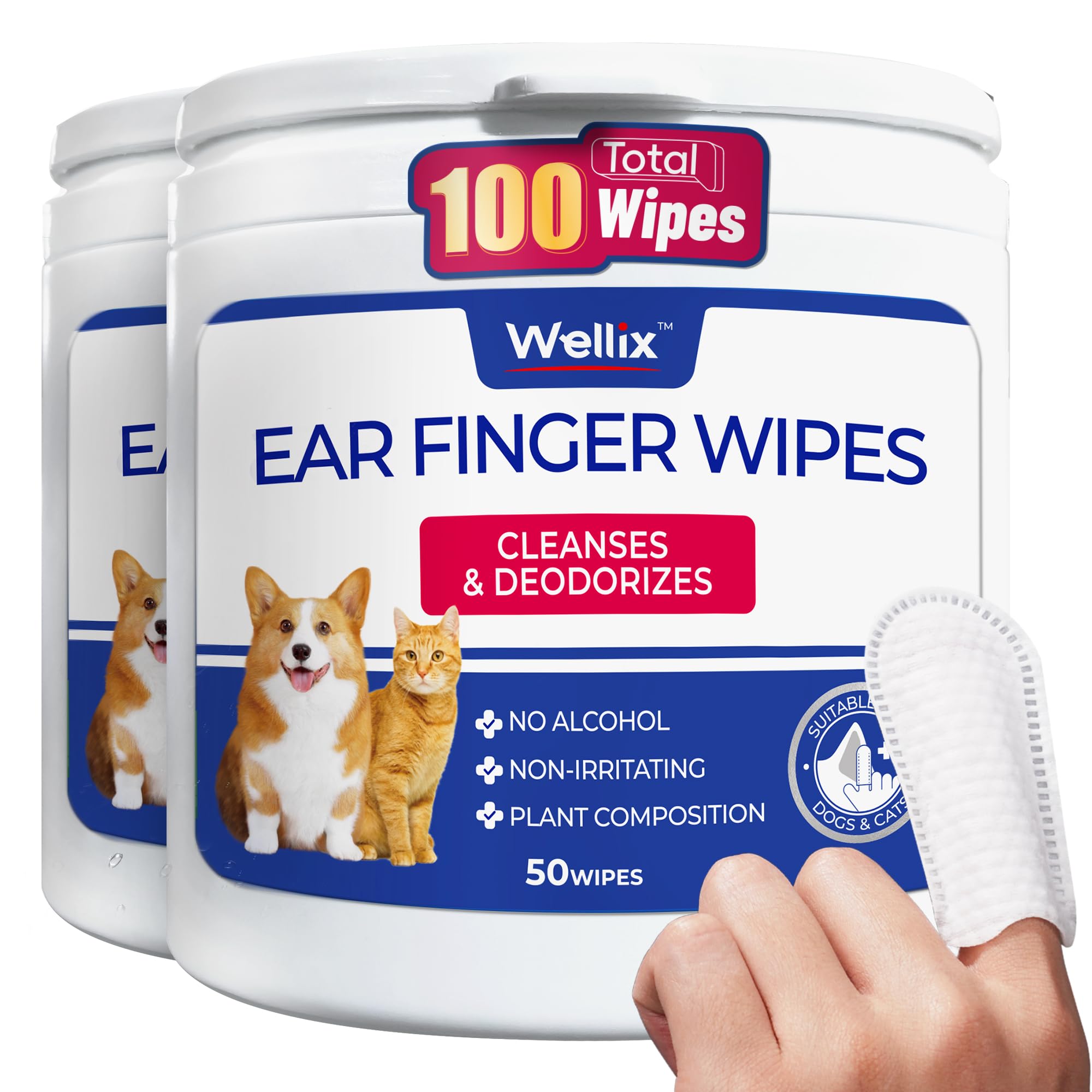 Wellix Pet Ear Cleaner Wipes for Dogs&Cats (100count) - Pure Chamomile Honeysuckle Dog Cleaning Finger Wipes - Natural Treatment for Itch Relief and Ear Infections - 2 Packs