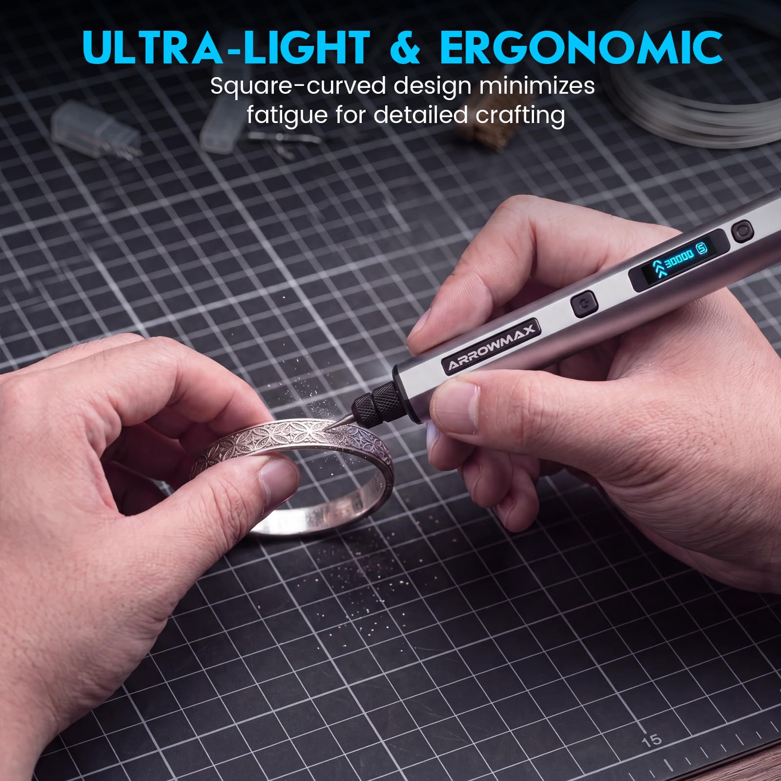 ARROWMAX Mini utensili multifunzione a 5 marce, con OLED, 30000 giri/min | Penna per incisione con 30 punte per metallo, legno, vetro, plastica, set per incisione, regalo fai da te per adolescenti