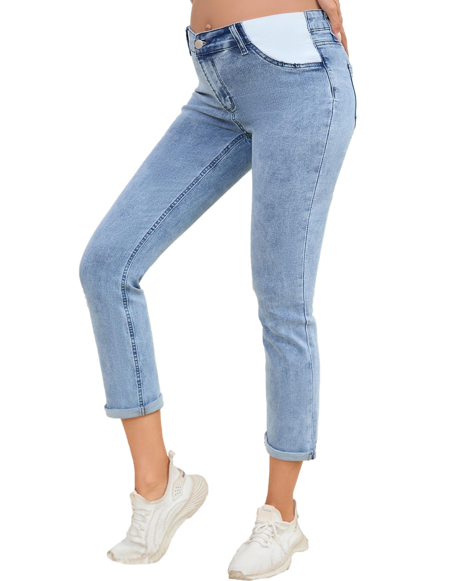 JIMYICLR Jeans premaman da donna, comodi, elasticizzati, slim per gravidanza, a vita media, sotto la pancia, pantaloni per gravidanza con tasche