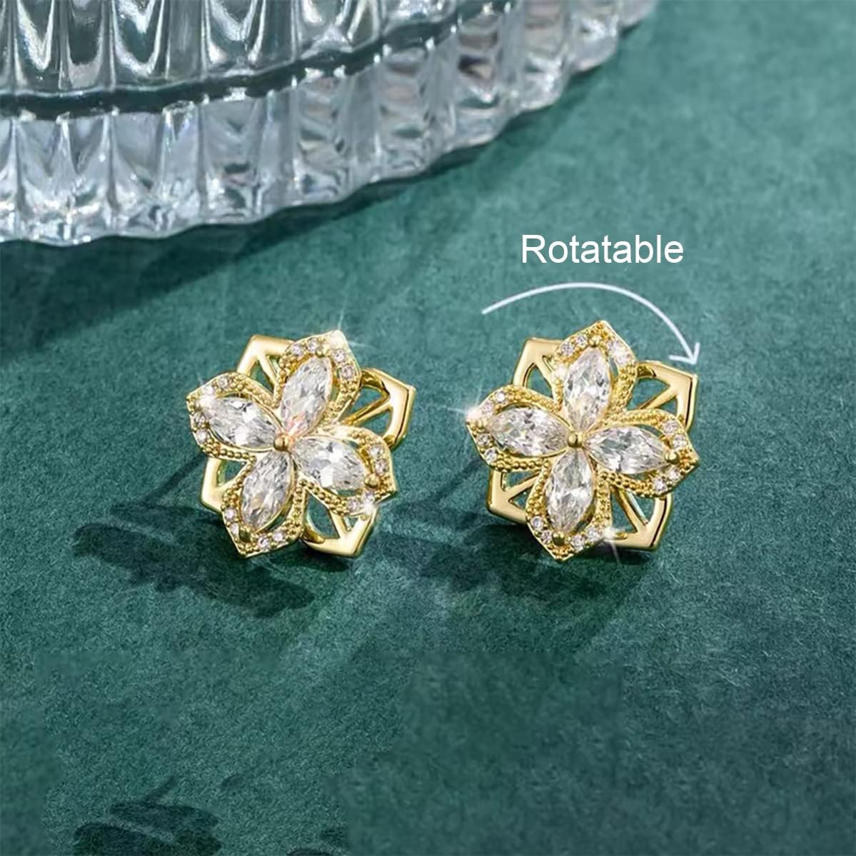 YOQUCOL Cubic Zirconia Crystal Rotatable Flower Shaped Golden Clip On Earrings Non Pierced Golden Stud for Women