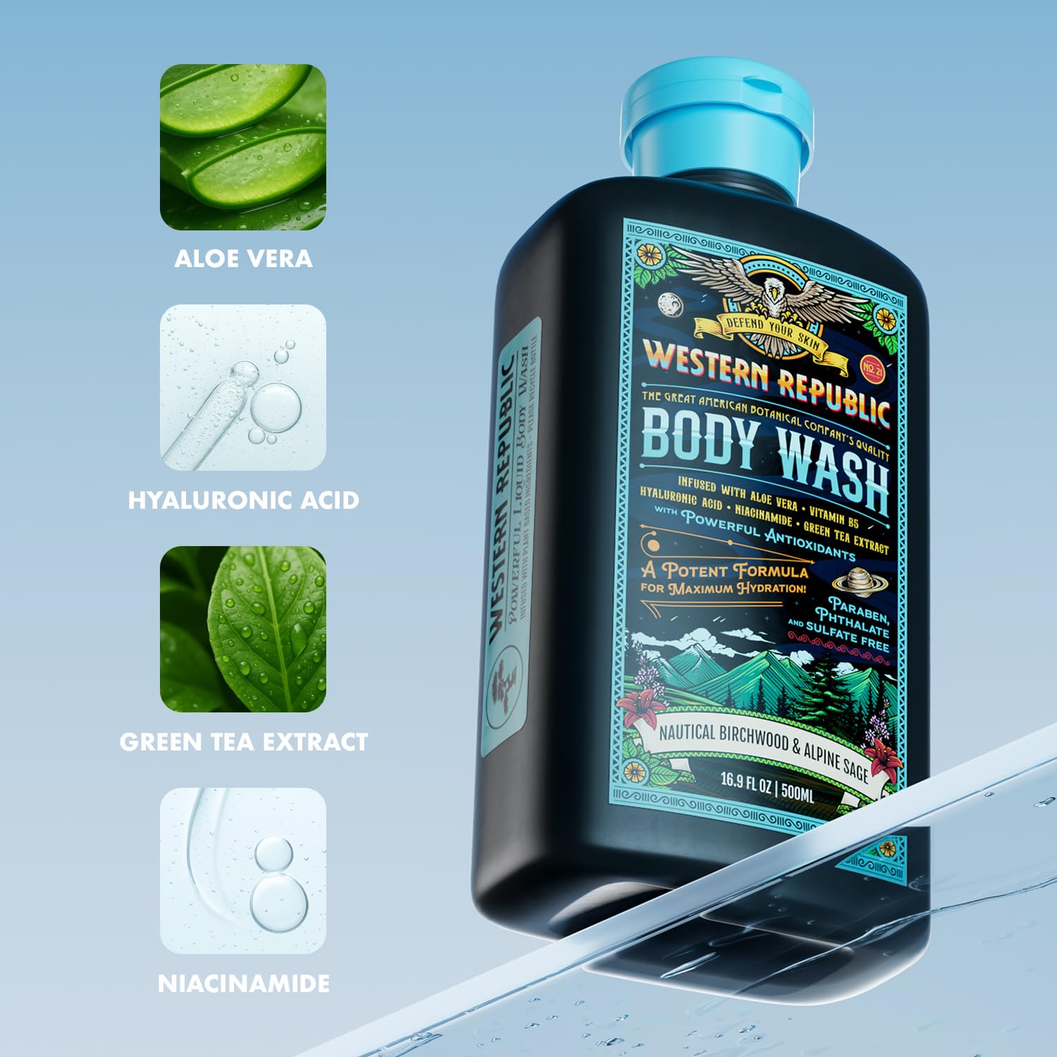 Men's Body Wash | Nautical Birchwood & Alpine Sage Scent and | Hydrating & Anti-Aging Formula with Aloe, Niacinamide & Hyaluronic Acid (2 Pack) | Made in USA
