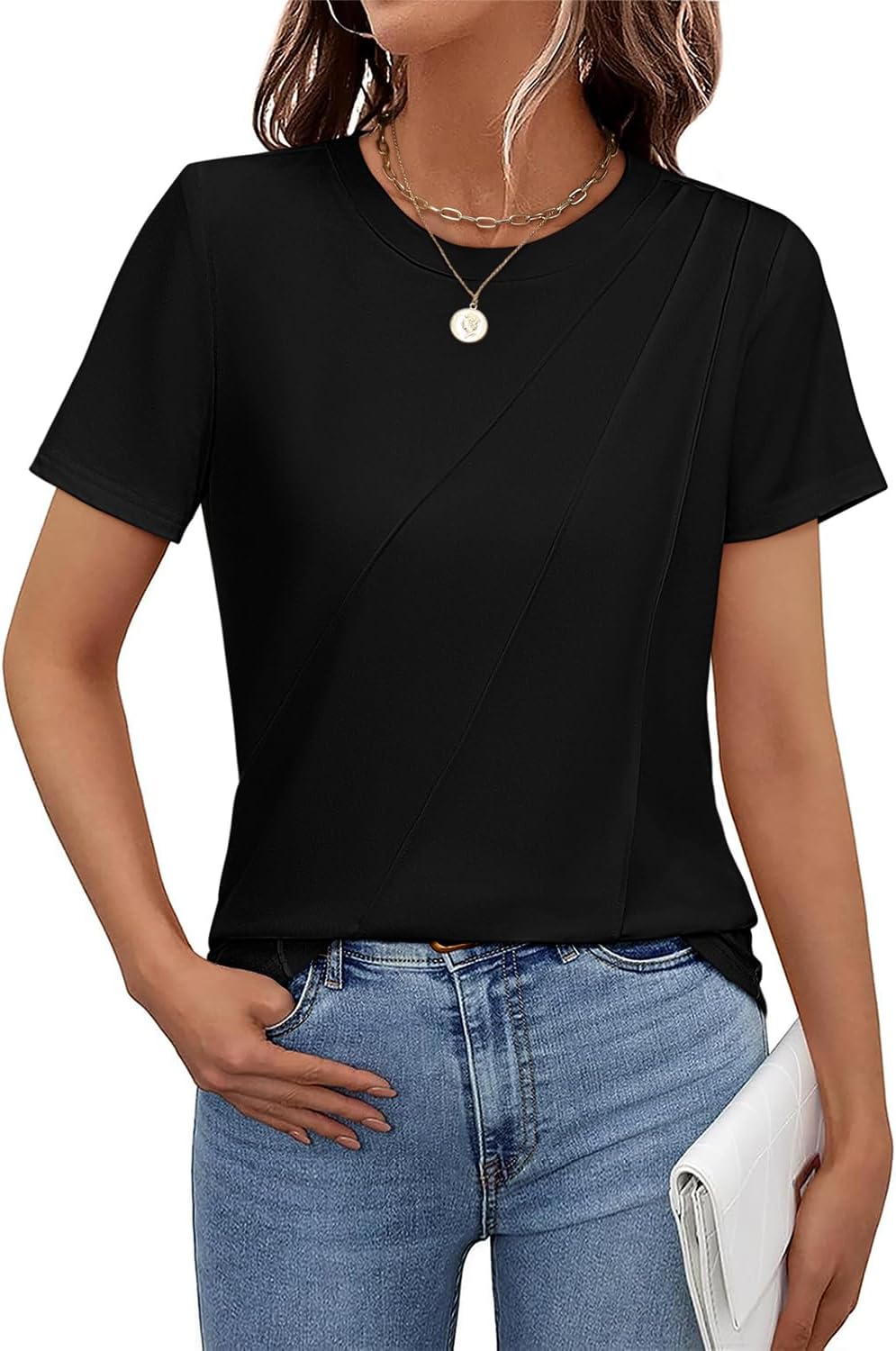 Women's Short Sleeve Tops Pleated Crewneck Loose Fit T Shirt Business Casual Dressy Work Shirts 2026 Summer Blouses - Image 2