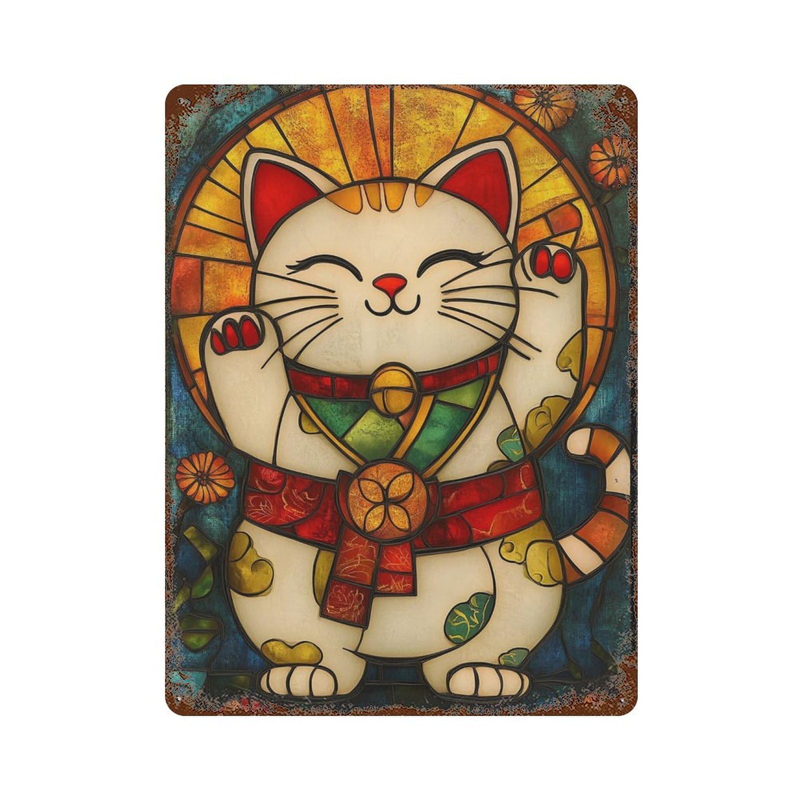 Garage Style Lucky Cat Stained Glass Art Distressed Metal Wall Sign 15.7"x11.8", Farmhouse Wall Decor for Bar And Workshop