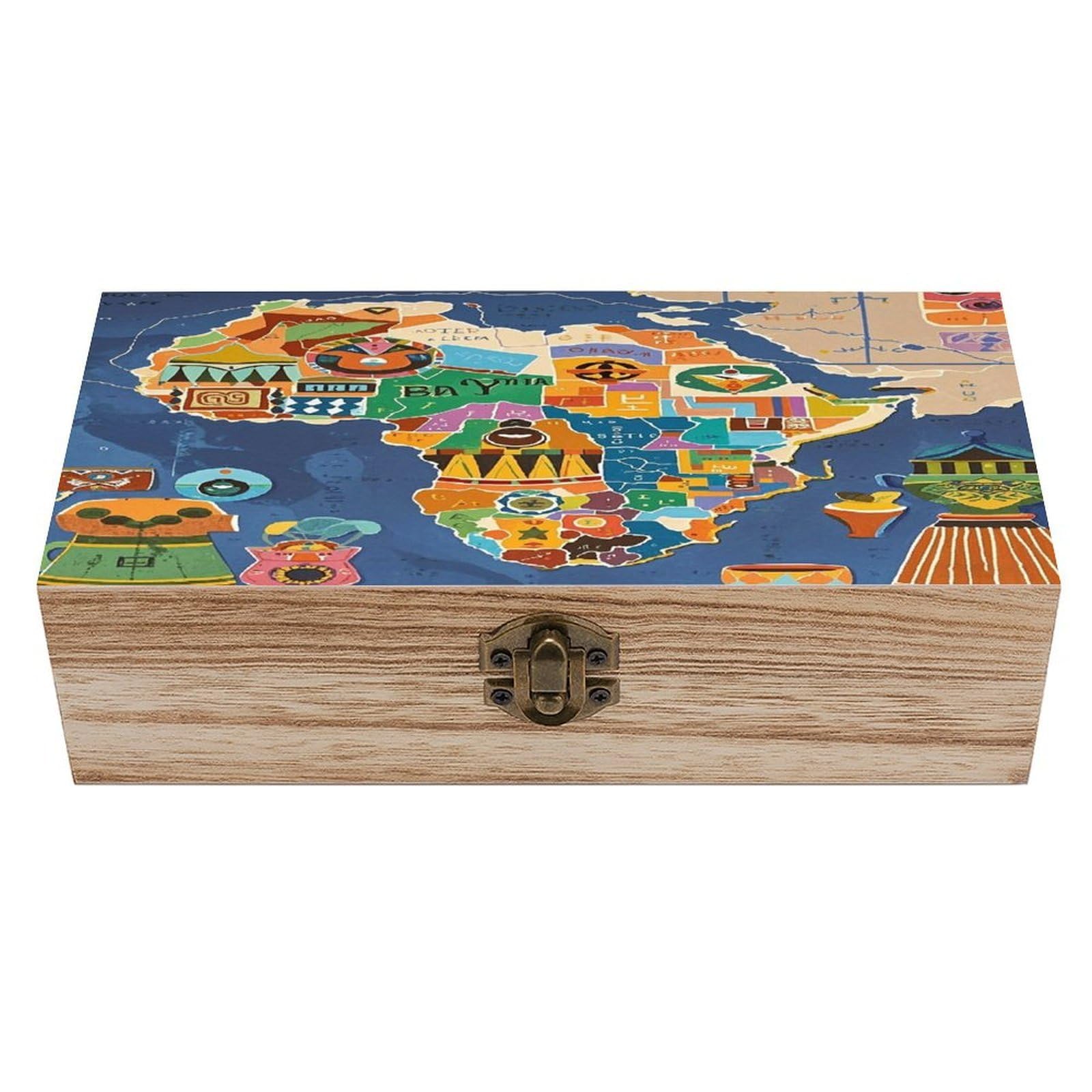 LZQPOEAS African Map Ethnic Pattern Wooden Box Storage Space to Organize Jewelry in A Beautiful Small Storage Box Decorative Card Boxes Memory Treasure Boxes for Crafts And Photo Storage