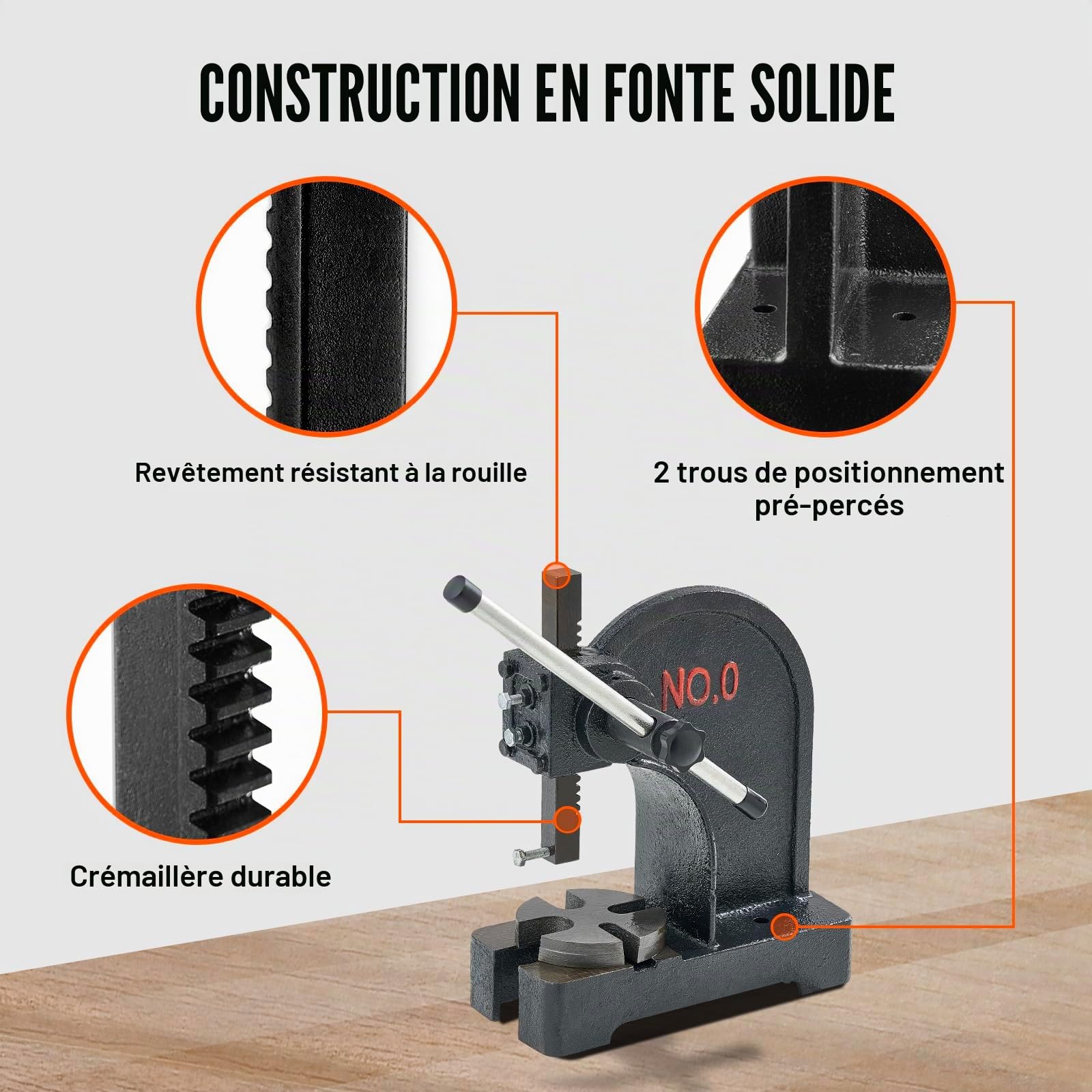VEVOR Presse à Crémaillère, Presse à Arbre Manuelle de 0,5 Tonne, Hauteur Maximale de 117 mm, Presse Manuelle de Précision Robuste en Fonte, pour l'Estampage, Le Pliage, l'Étirement et Le Formage