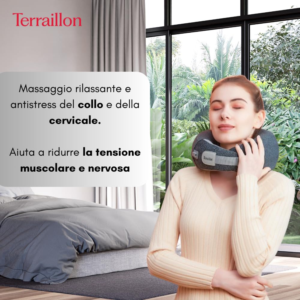 TERRAILLON - NECK MASSAGER, Cuscino massaggio collo e cervicale, rilassante, riduzione della tensione, anti-stress, 3 velocità di massaggio, 2 direzione di rotazione, opzione riscaldante, cinghia