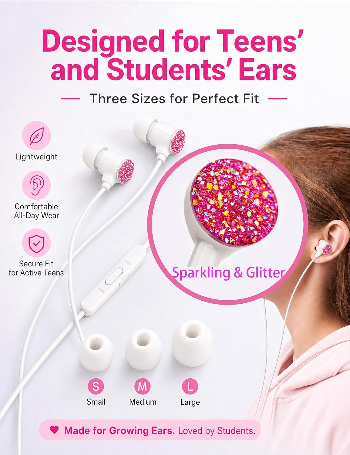 2-Pack Teens Wired Earbuds with Glitter Pink Case, School Headphones image 2