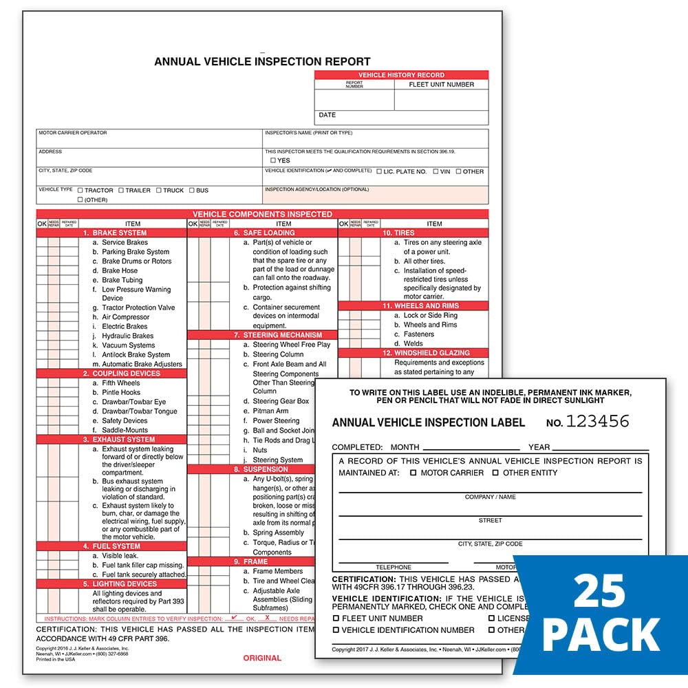 Formularz raportu z przeglądu pojazdu 25-szt. (format Snap-Out, 3-warstwowy, bezwęglowy, 21,5 cm x 29,8 cm) + etykieta 25-pak. (2-warstwowy, winyl z laminatem mylarowym, 12,7 cm x 10 cm) - J. Keller & Associates