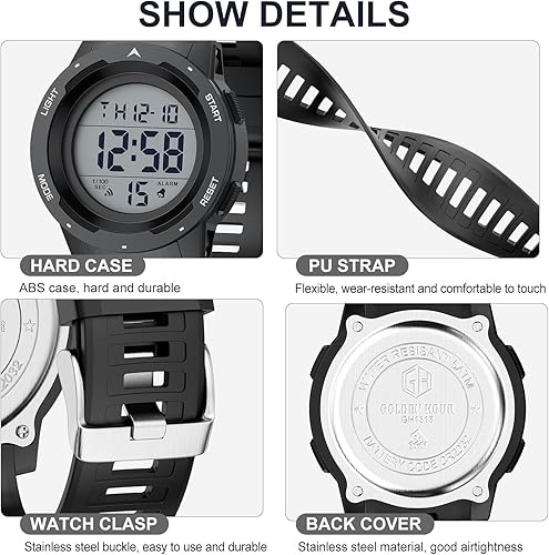 Miniatura 3 de GOLDEN HOUR Relojes deportivos digitales impermeables para hombre, pantalla ancha, fácil lectura, estilo militar con correa de goma