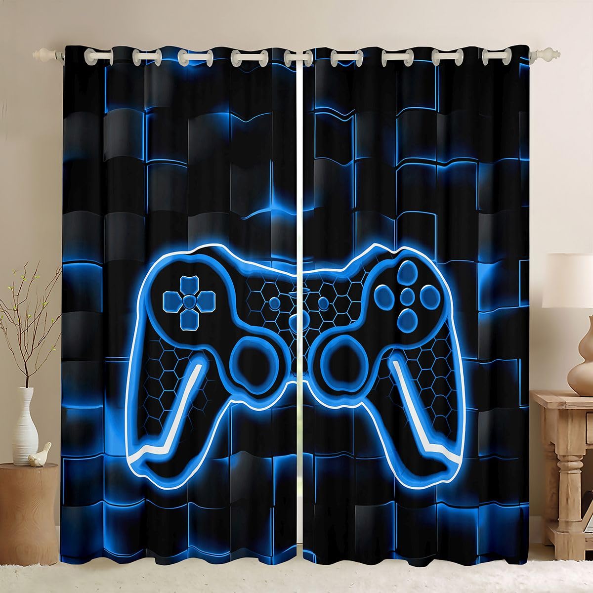 Feelyou Gamer Curtains for Bedroom Living Room Gaming Darkening Drapes (2 Panels, 42 x 84 Inch) Bedroom Decor Lighting Honeycomb Blackout Curtains