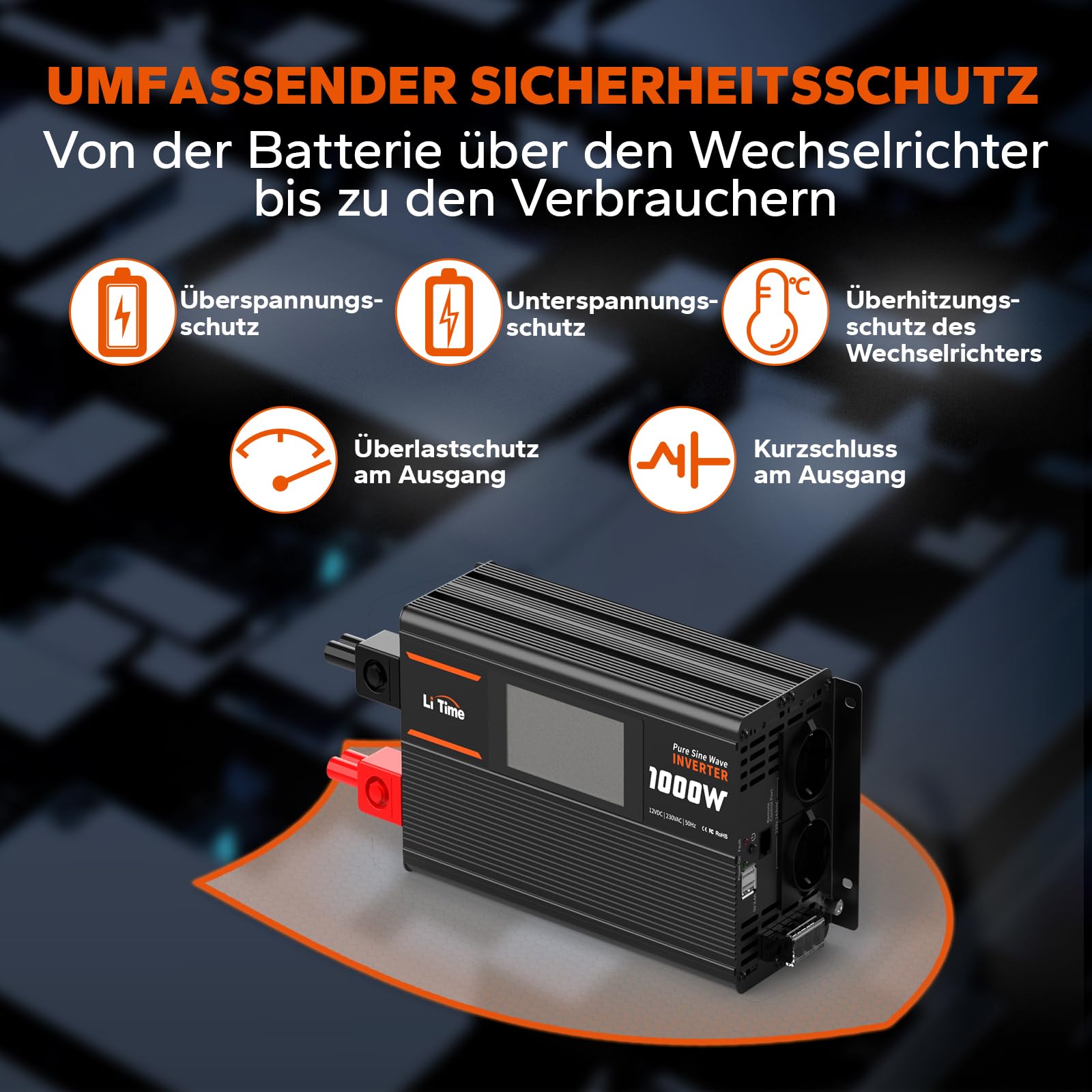 LiTime 1000 W Inverter Sinsus Pure 12 V DC a 230 V AC Convertitore per Camping-Car, Camping, Inverter Solare con 2 uscite AC, Display di Sorveglianza con Visualizzazione dello stato in tempo reale