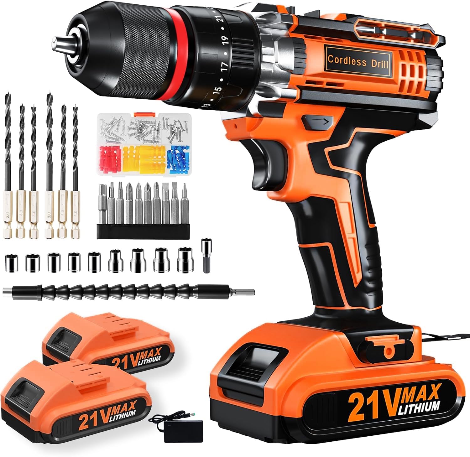 Cordless Hammer Drill Set, 21V Impact Drill Driver and Screwdriver Set with 2 Batteries, 25+3, 10mm Heave Duty DrillChuck, 2 Speed Power Combi Battery Drill Set with 87 Accessories for Home DIY Gift