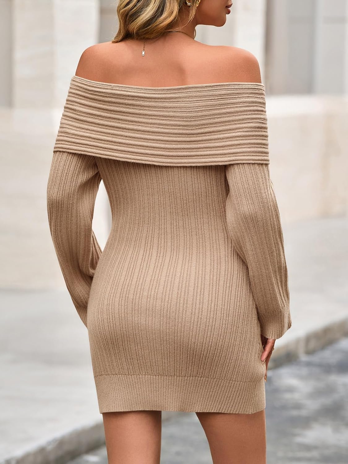 Saodimallsu Womens Off The Shoulder Mini Sweater Dress Bodycon Long Sleeve Ribbed Knit Fall Casual Short Dresses - Image 5