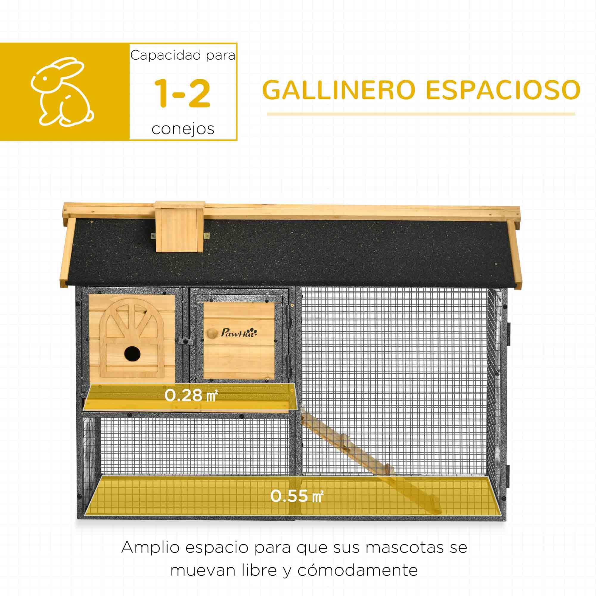 PawHut Conejera de Madera de 2 Niveles Jaula para Conejos con Zona Abierta Techo Asfáltico Bandeja Extraíble Puertas y Rampa Conejera para Exterior 120x55,5x80 cm Natural y Negro