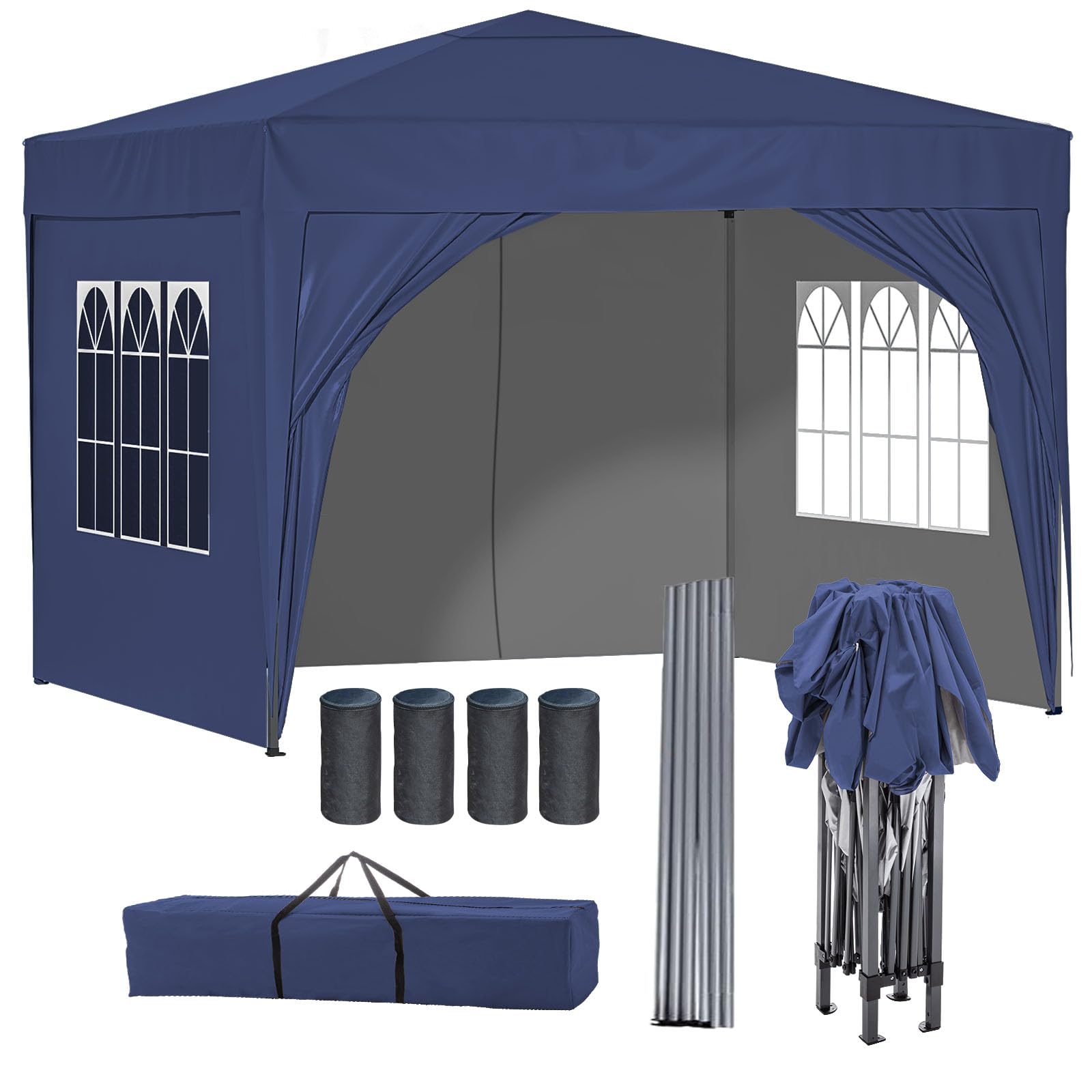 BIRCHTREE Pop Up Gazebo with Sides, 3m x 3m Waterproof with 2 Free Weather Support Beams 4 Gazebo Weight Bags. Garden Canopy Outdoor, Party Tent, 260g Polyester Powder Coated Steel Frame. BLUE